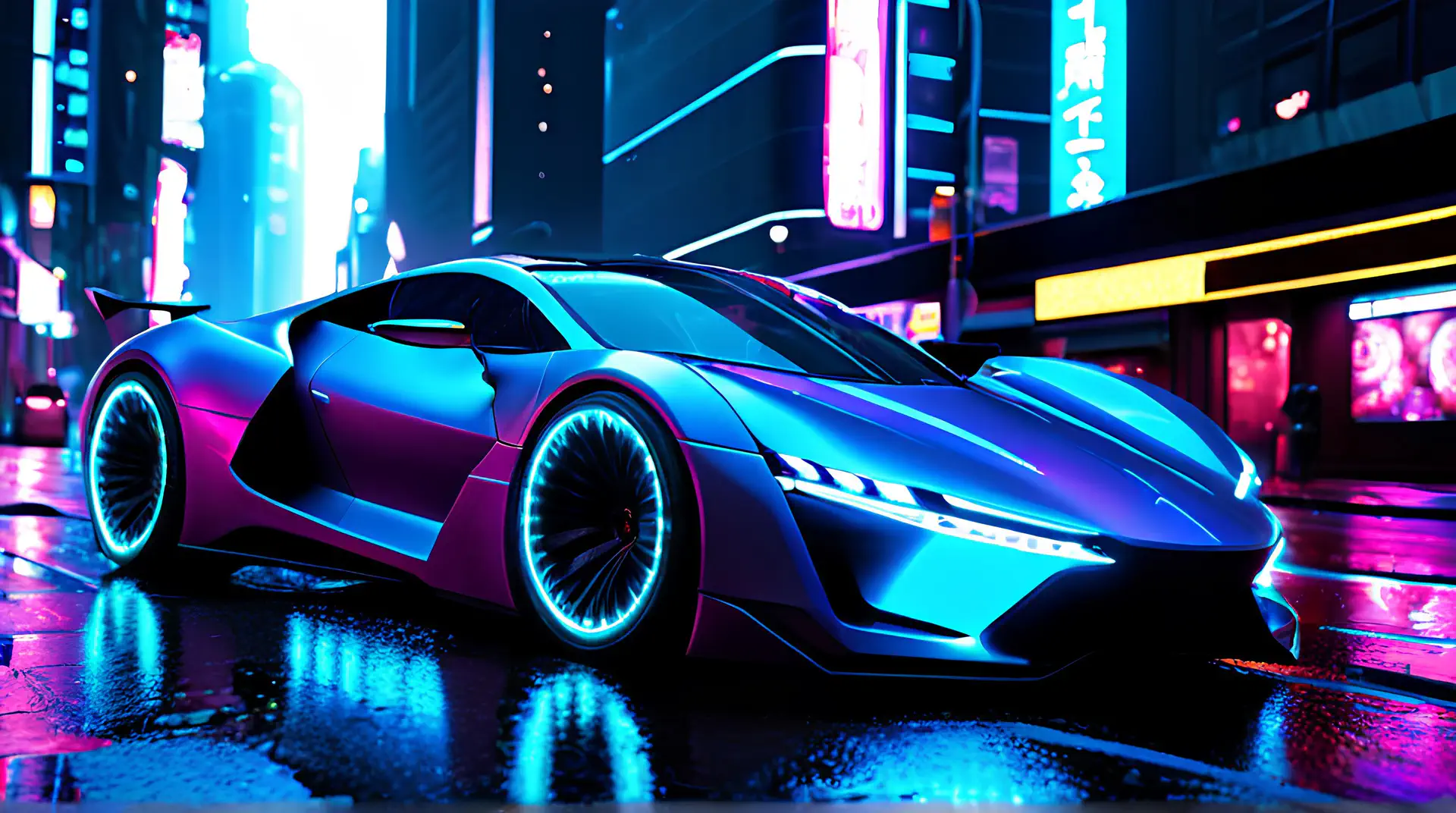 Blauw-Paarse Hypercar met Neon Accenten in Cyberpunk Nachtstad