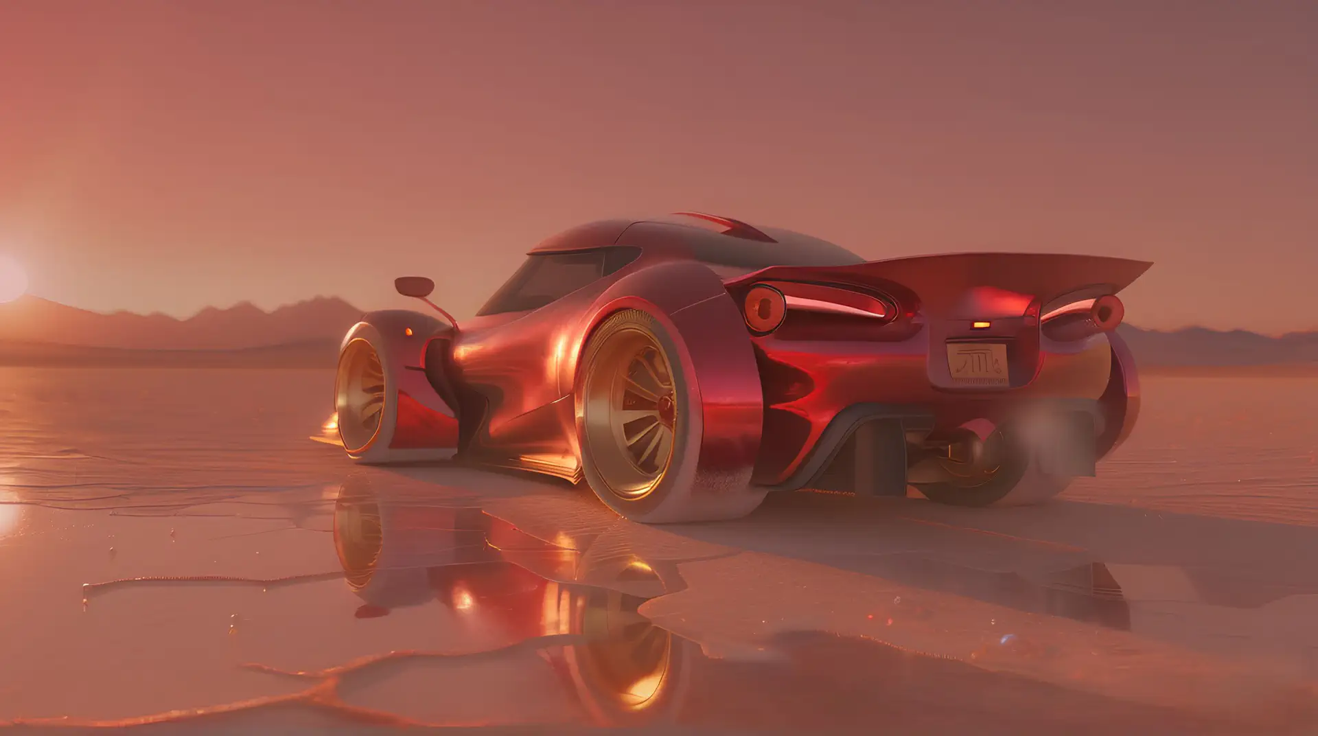Rode Hypercar op Zoutvlakte bij Zonsondergang 4K Wallpaper