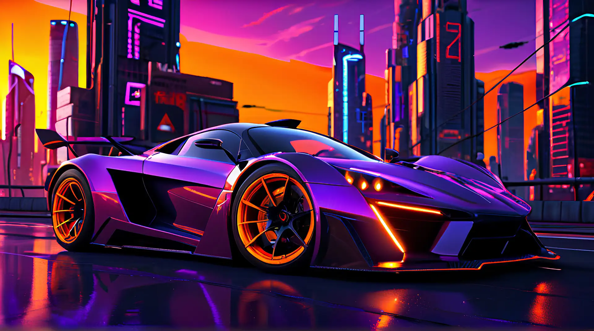 Paarse Hypercar met Oranje Velgen in Cyberpunk Stad 4K Wallpaper