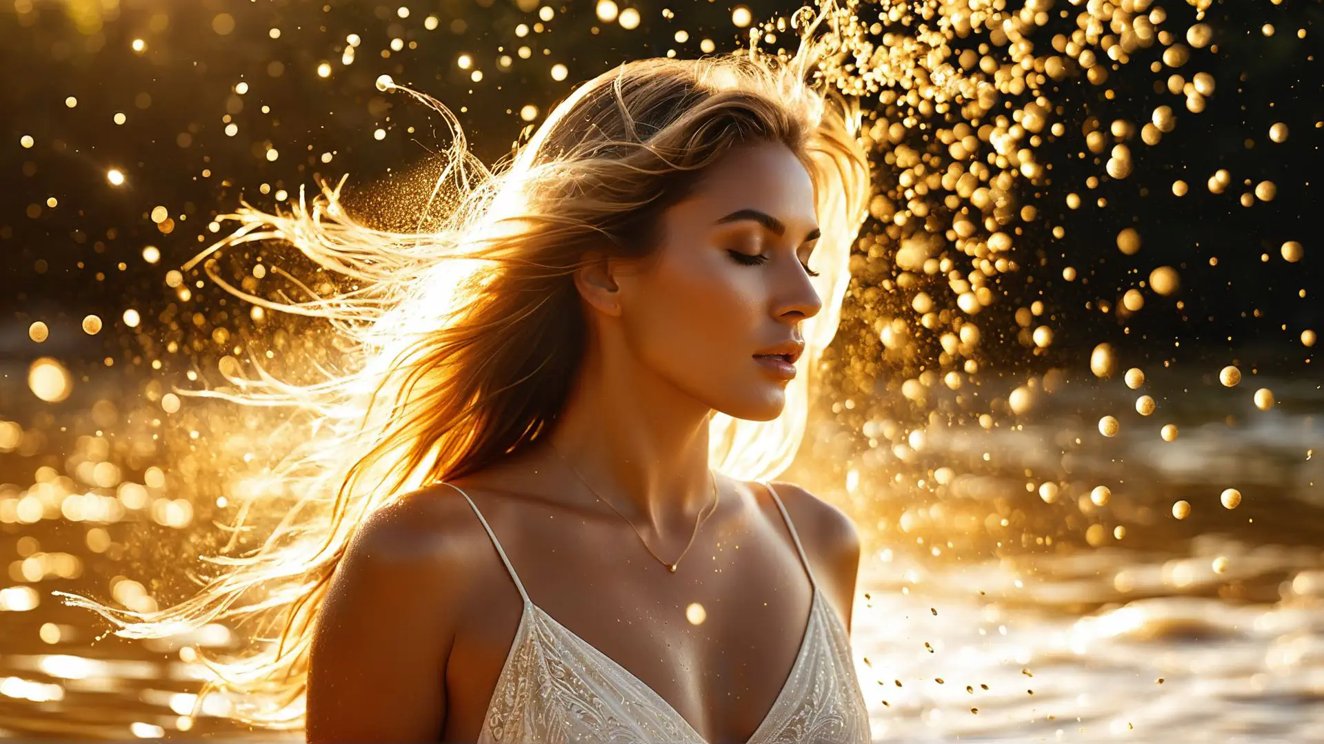 Magische zonsondergang portretfoto met gouden bokeh effecten