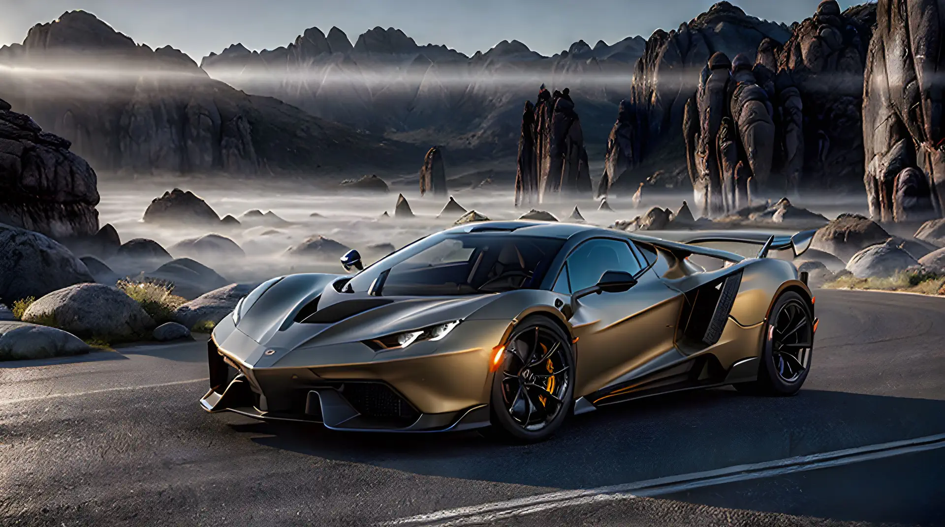 Luxe Sportwagen in Woestijnlandschap: Bronzen Supercar op Bergweg in 4K Achtergrond
