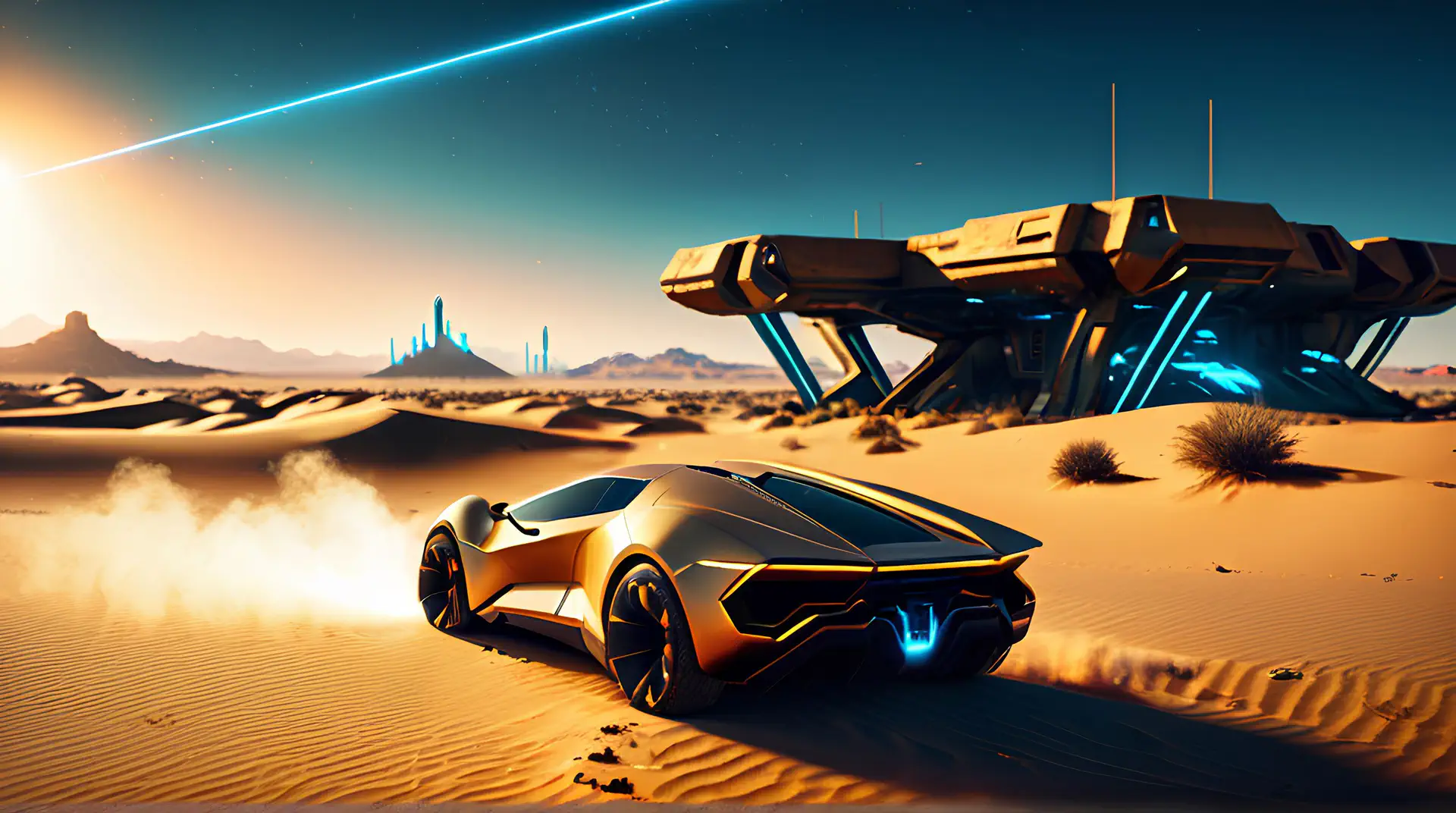 Gouden Supercar in Sci-Fi Woestijnlandschap met Ruimteschip 4K Wallpaper