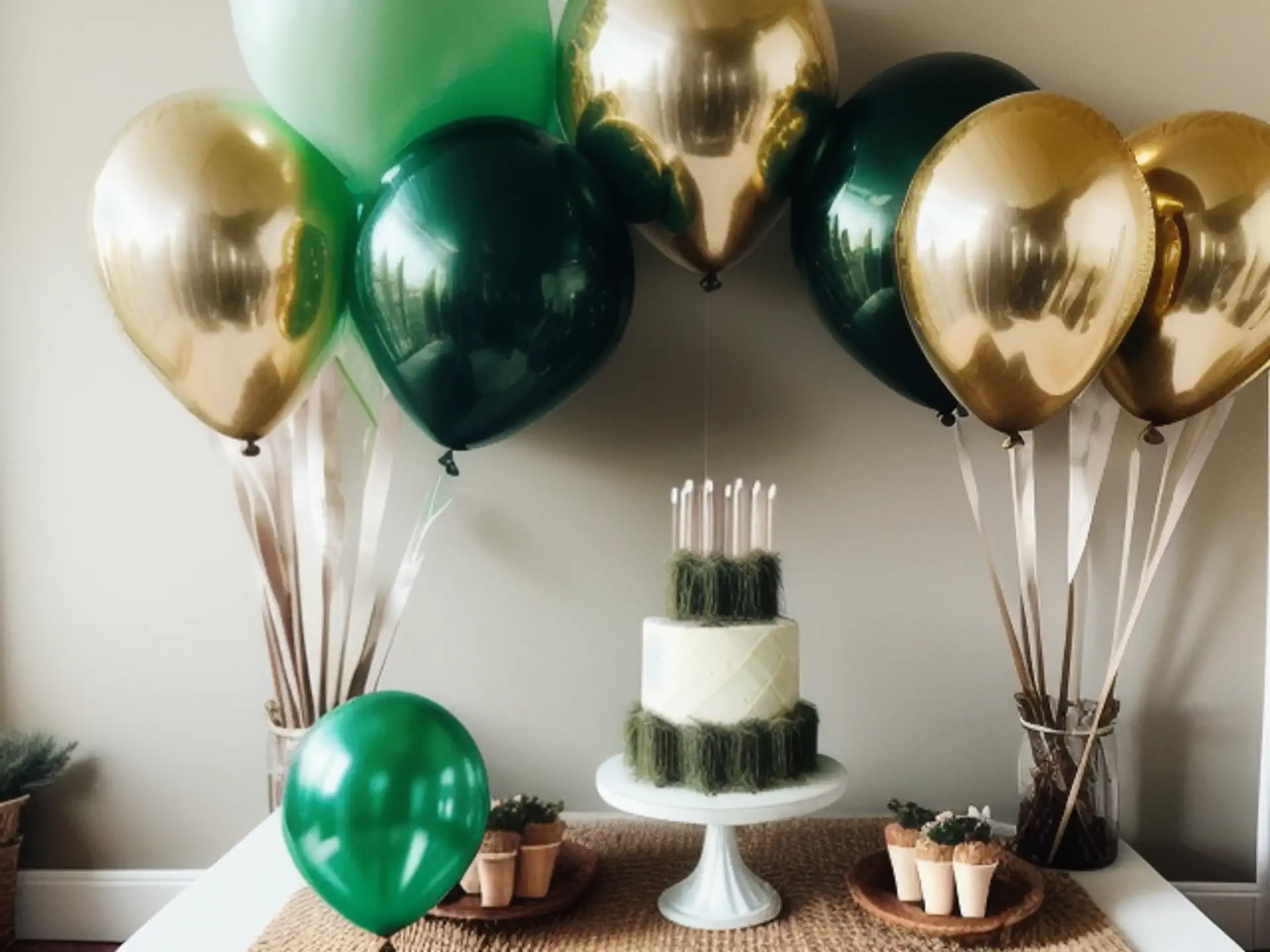 Luxe verjaardagstafel met groene en gouden ballonnen en elegante taart