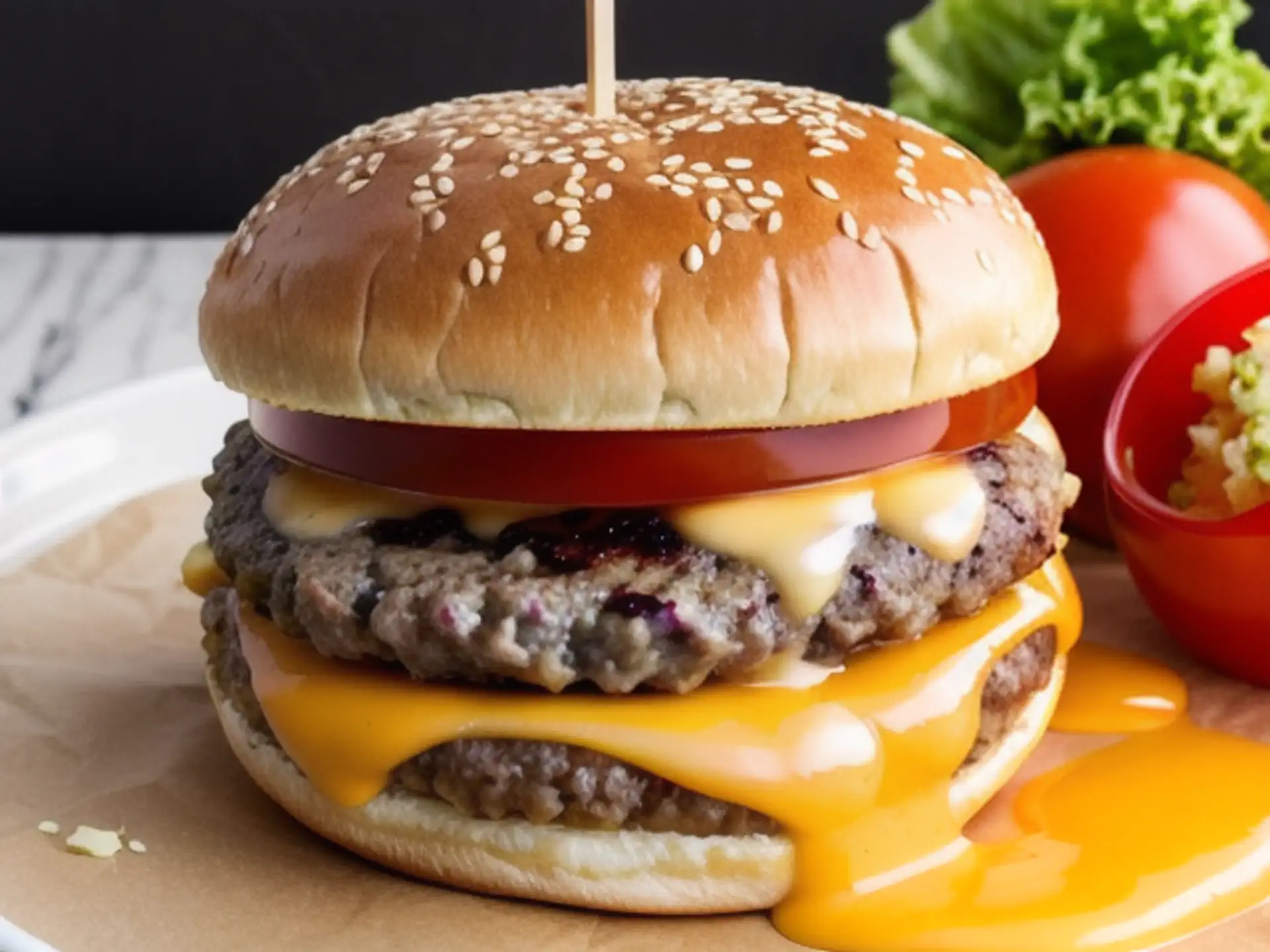 Sappige dubbele cheeseburger met gesmolten kaas en sesambroodje