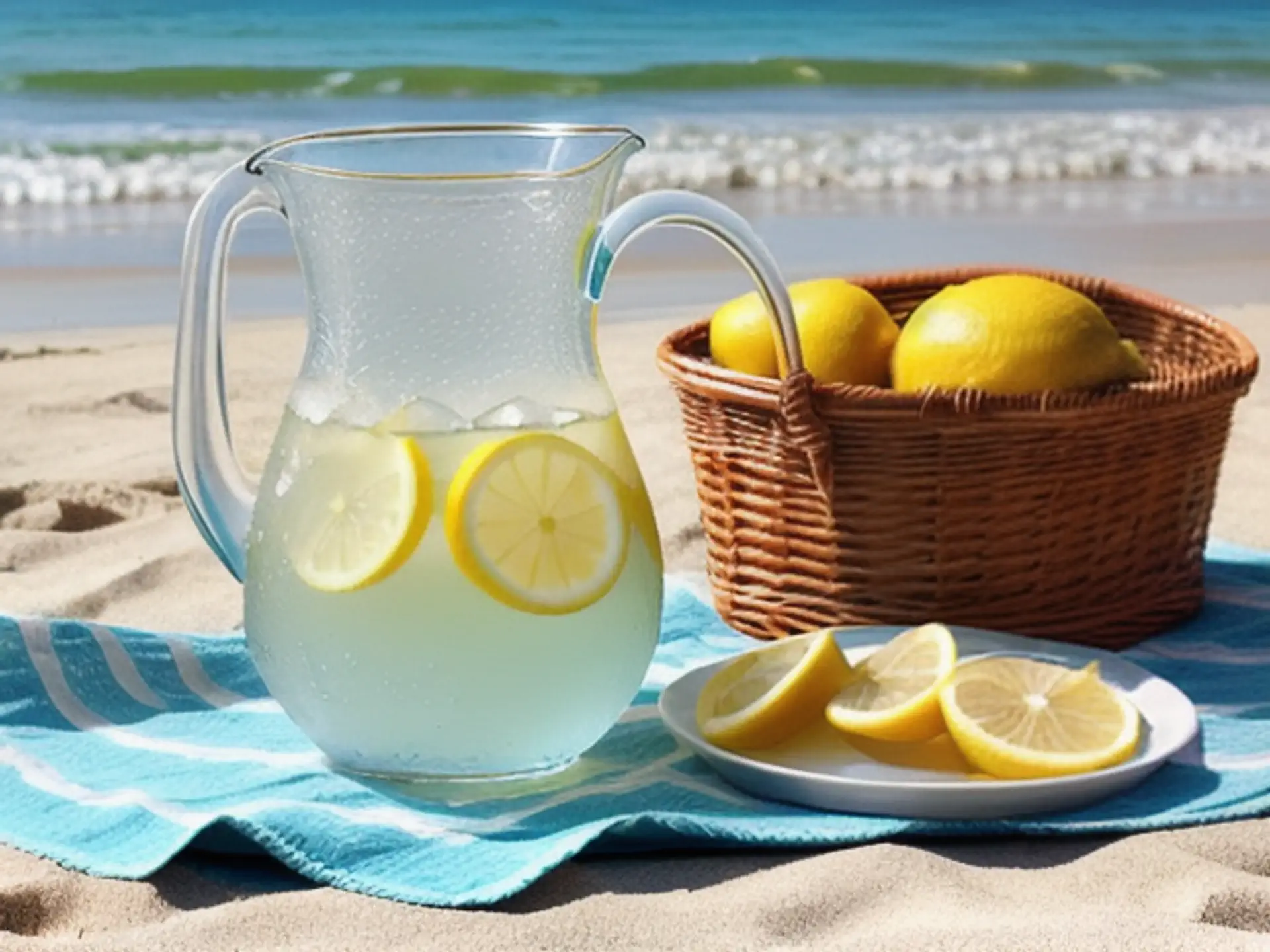 Verfrissende limonade op strand met mand vol citroenen bij blauwe zee
