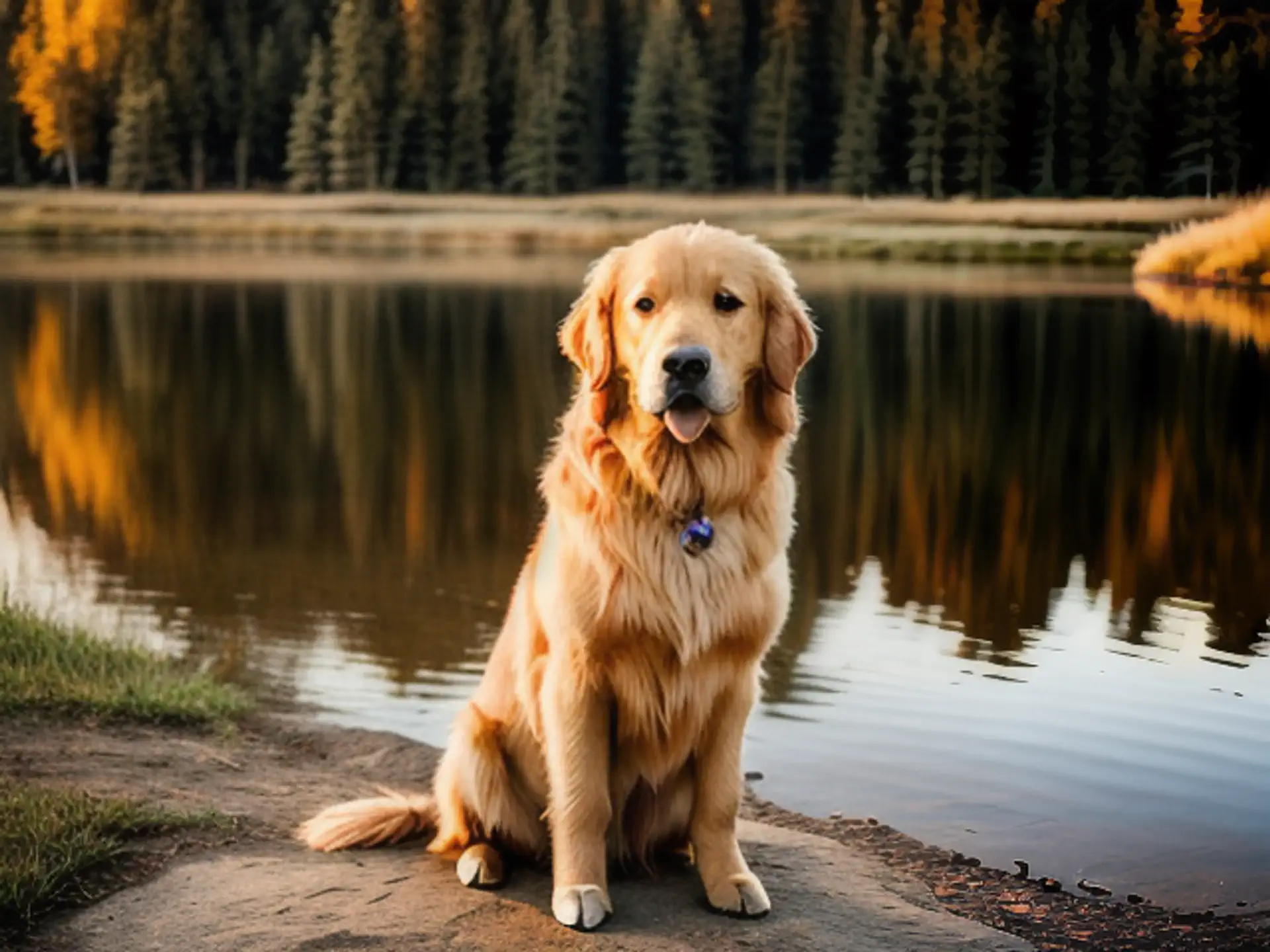 Majestueuze Golden Retriever bij bosmeertje tijdens gouden herfstlicht