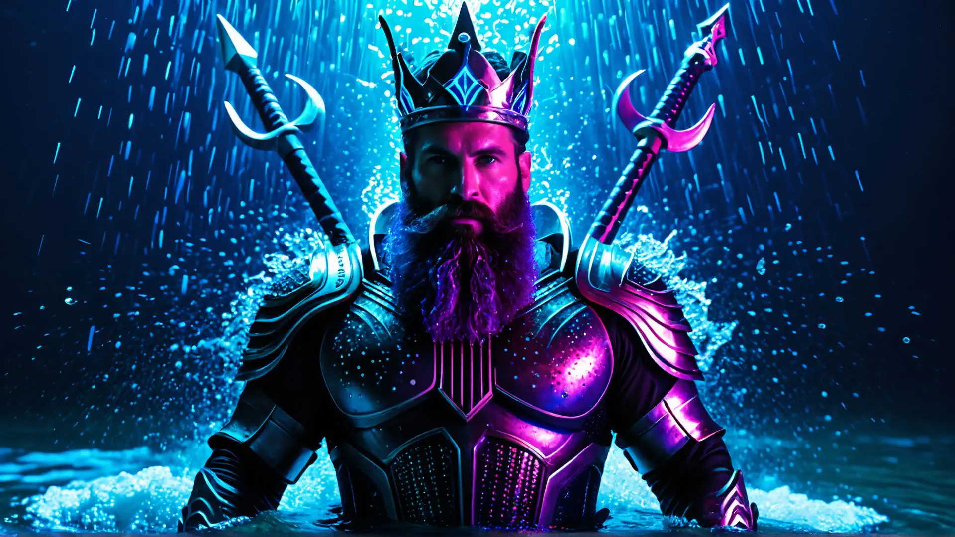 Epische fantasy krijger in neon harnas met kroon en zwaarden