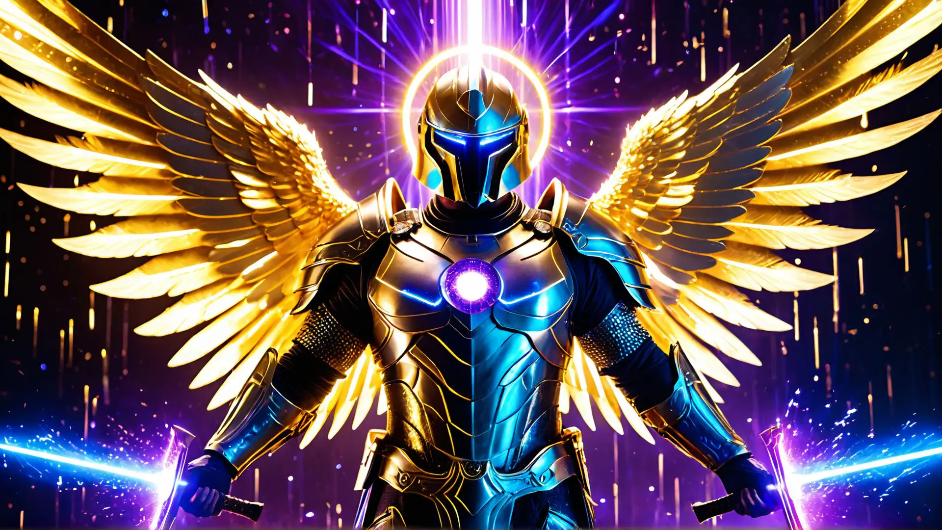 Futuristische krijger met gouden vleugels in magisch neonlicht