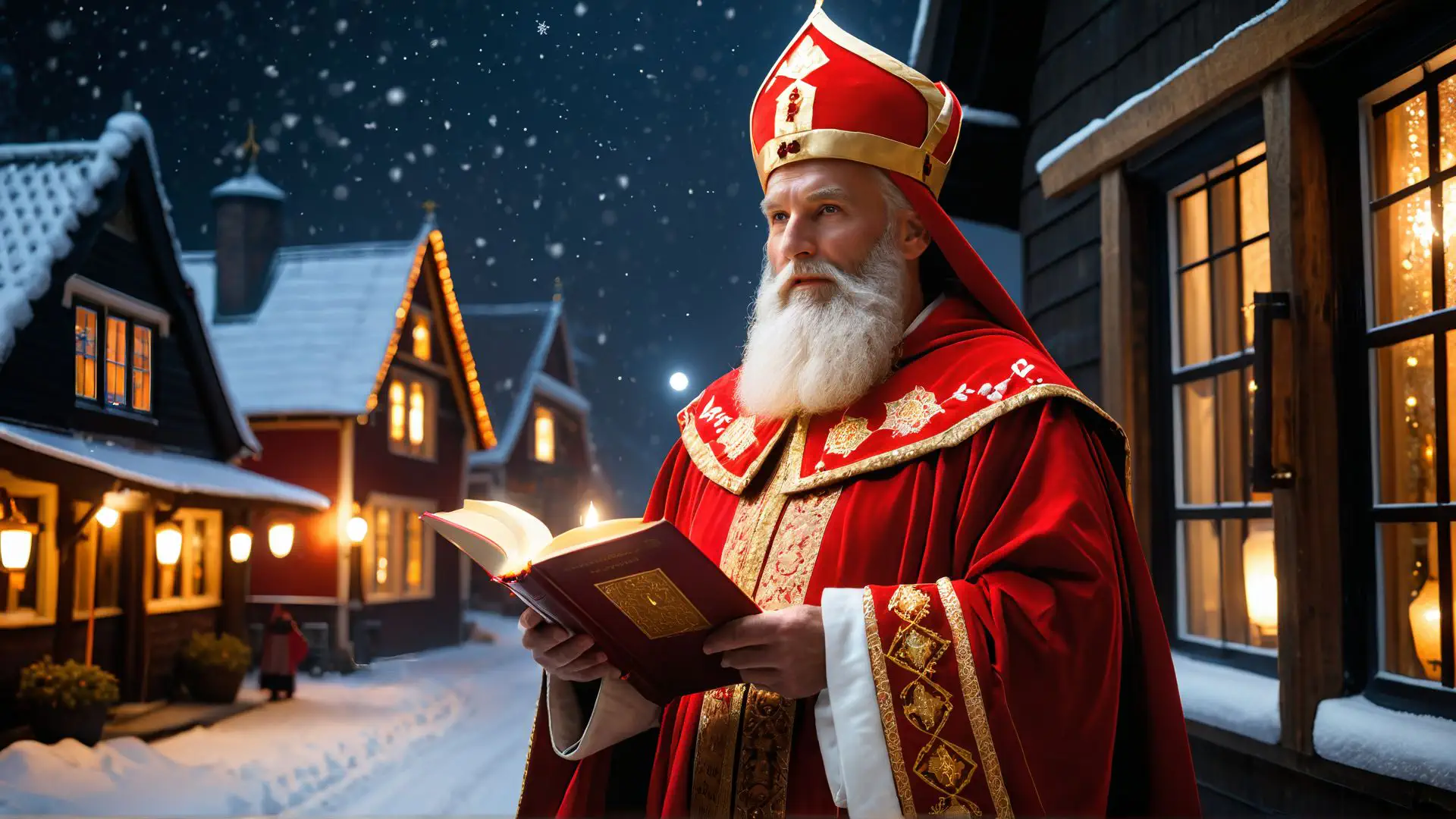Sinterklaas in sfeervol winterdorp met sneeuw en warme lichtjes