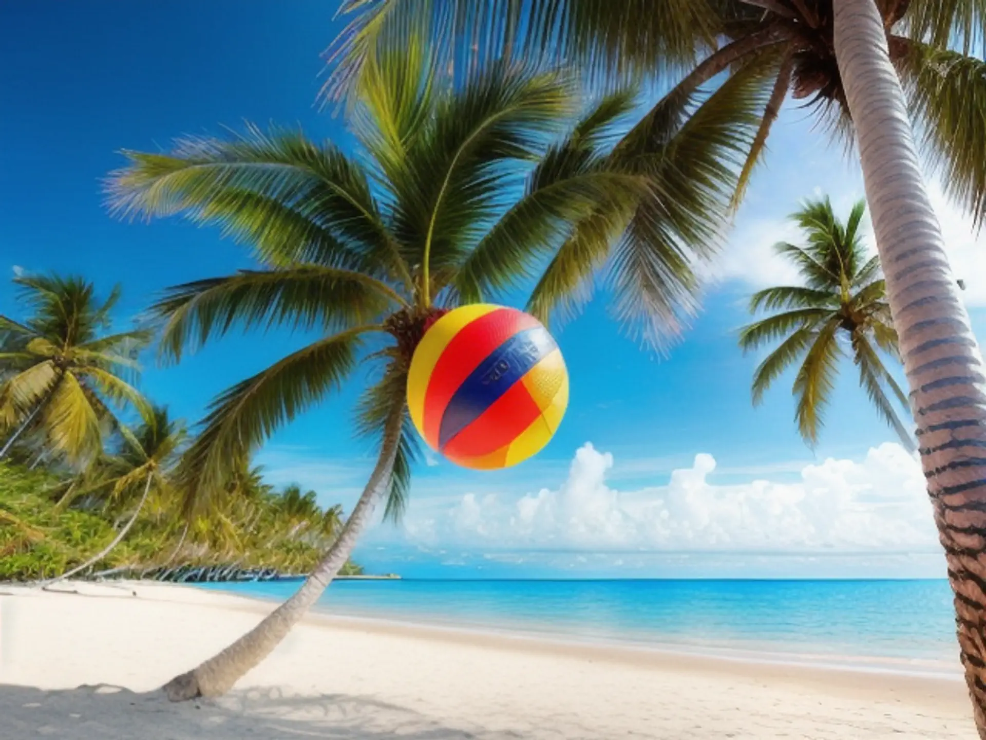 Kleurrijke strandbal tussen palmbomen op tropisch paradijsstrand
