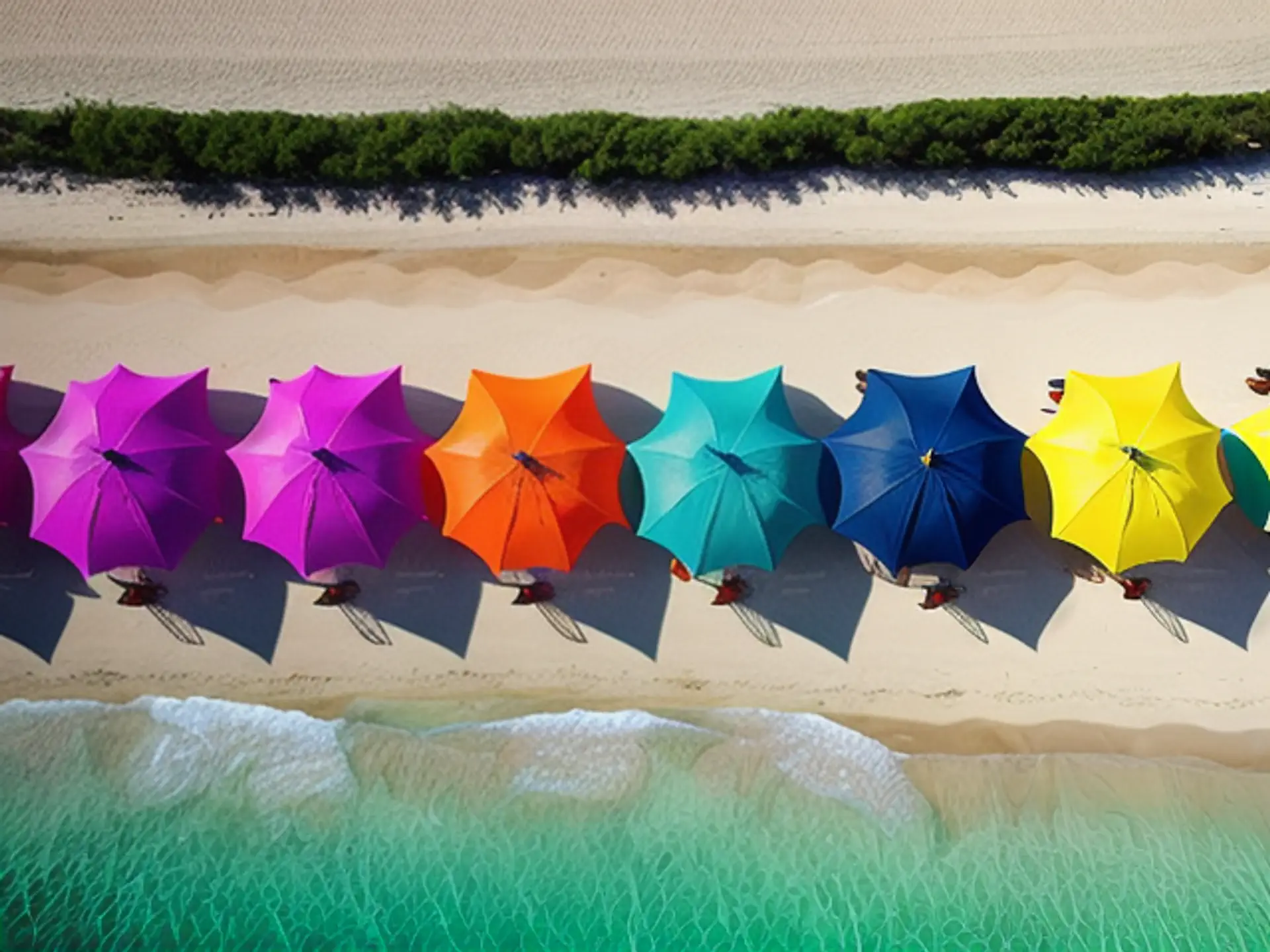 Kleurrijke strandparasols van bovenaf gezien aan tropische kustlijn