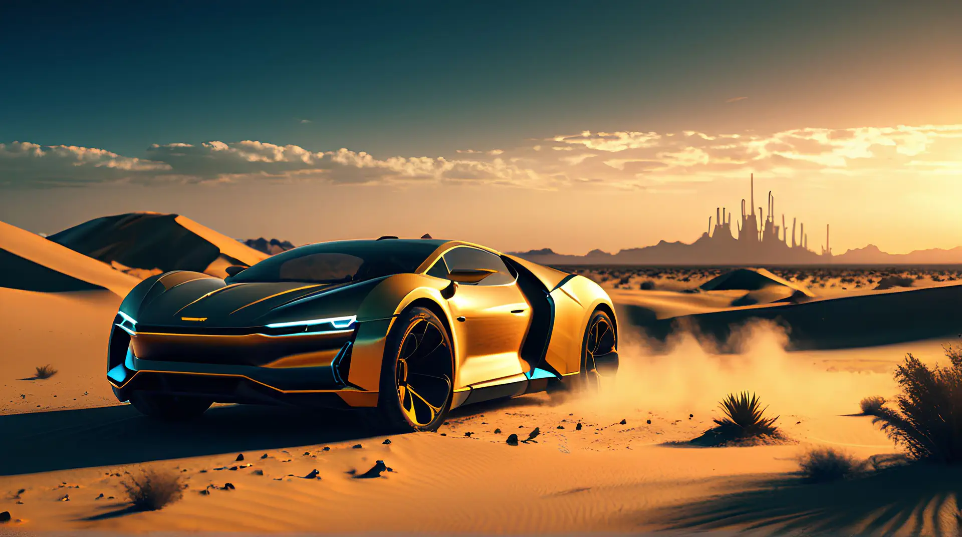 Gouden Supersportwagen in Woestijn met Futuristische Stad 4K Wallpaper
