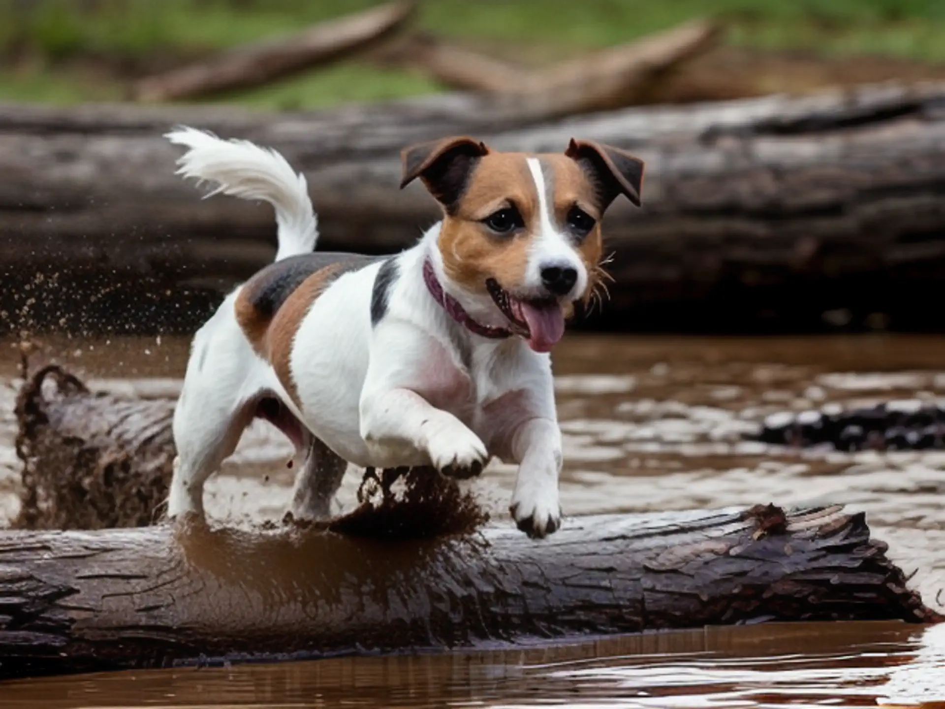 Speelse Jack Russell springt energiek over boomstam in water