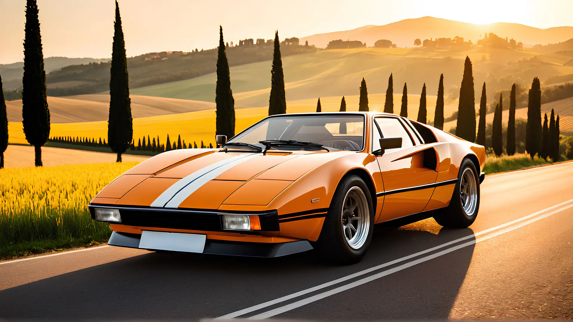 Oranje Klassieke Sportwagen Racing Strepen Toscaanse Zonsondergang