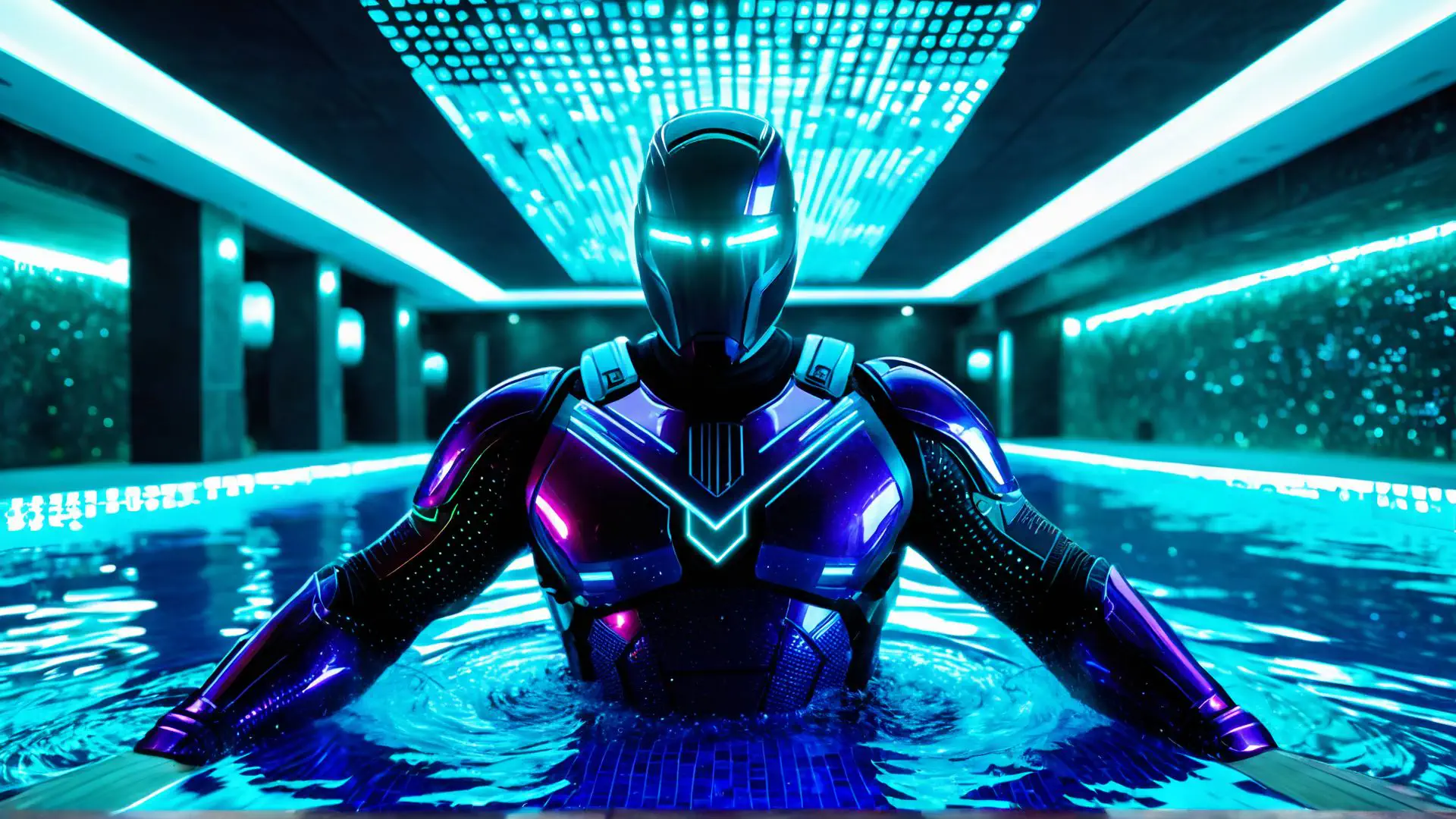 Futuristisch robotharnas in neonverlicht zwembad met cybersfeer