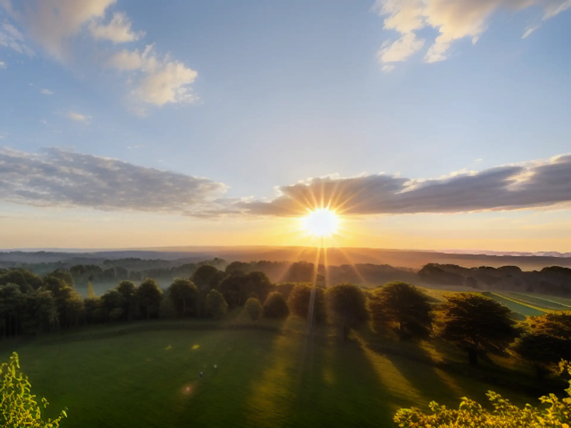 Gouden zonsopgang boven Nederlands natuurlandschap met lange schaduwen
