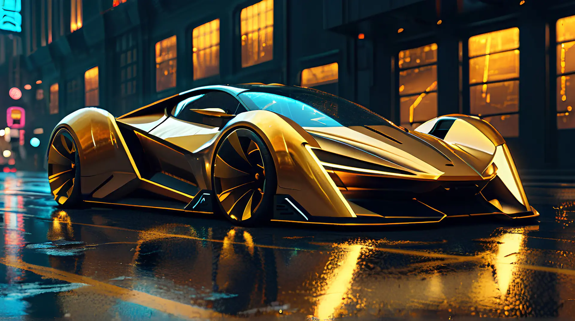 Gouden Supersportwagen in Nachtelijke Stadsstraat 4K Wallpaper