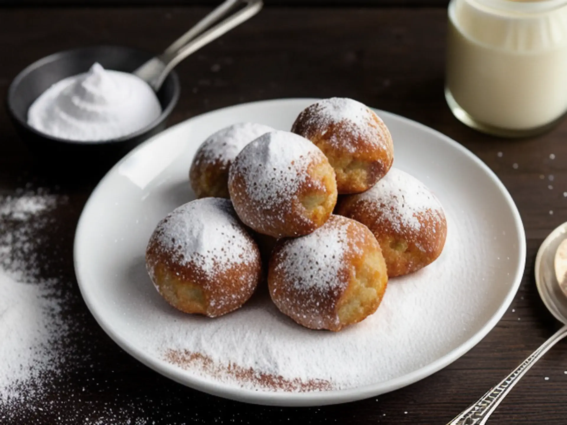 Versgebakken oliebollen met poedersuiker op wit bord