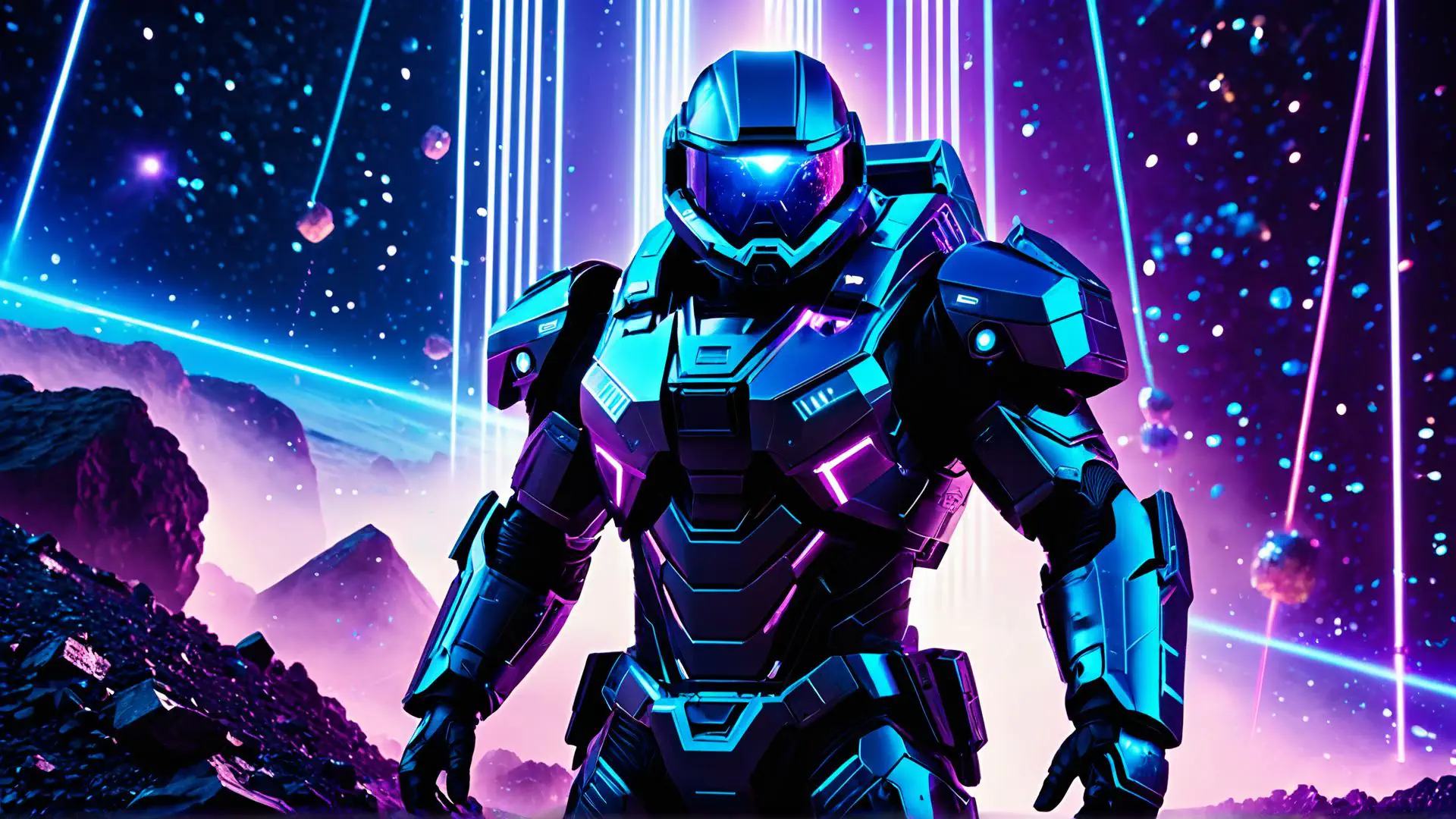 Futuristische gevechtsrobot in neon universum met paarse sterrenhemel