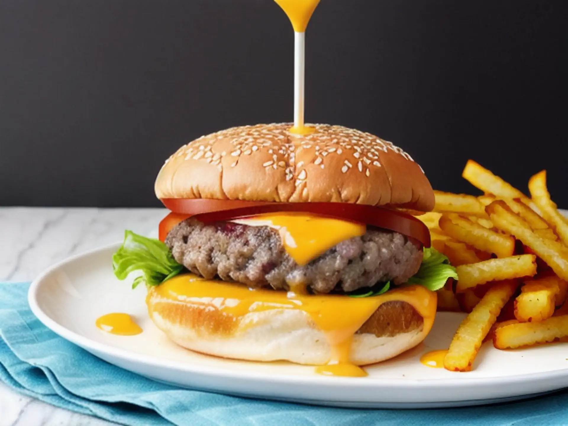 Sappige cheeseburger met gesmolten kaas en verse friet op wit bord