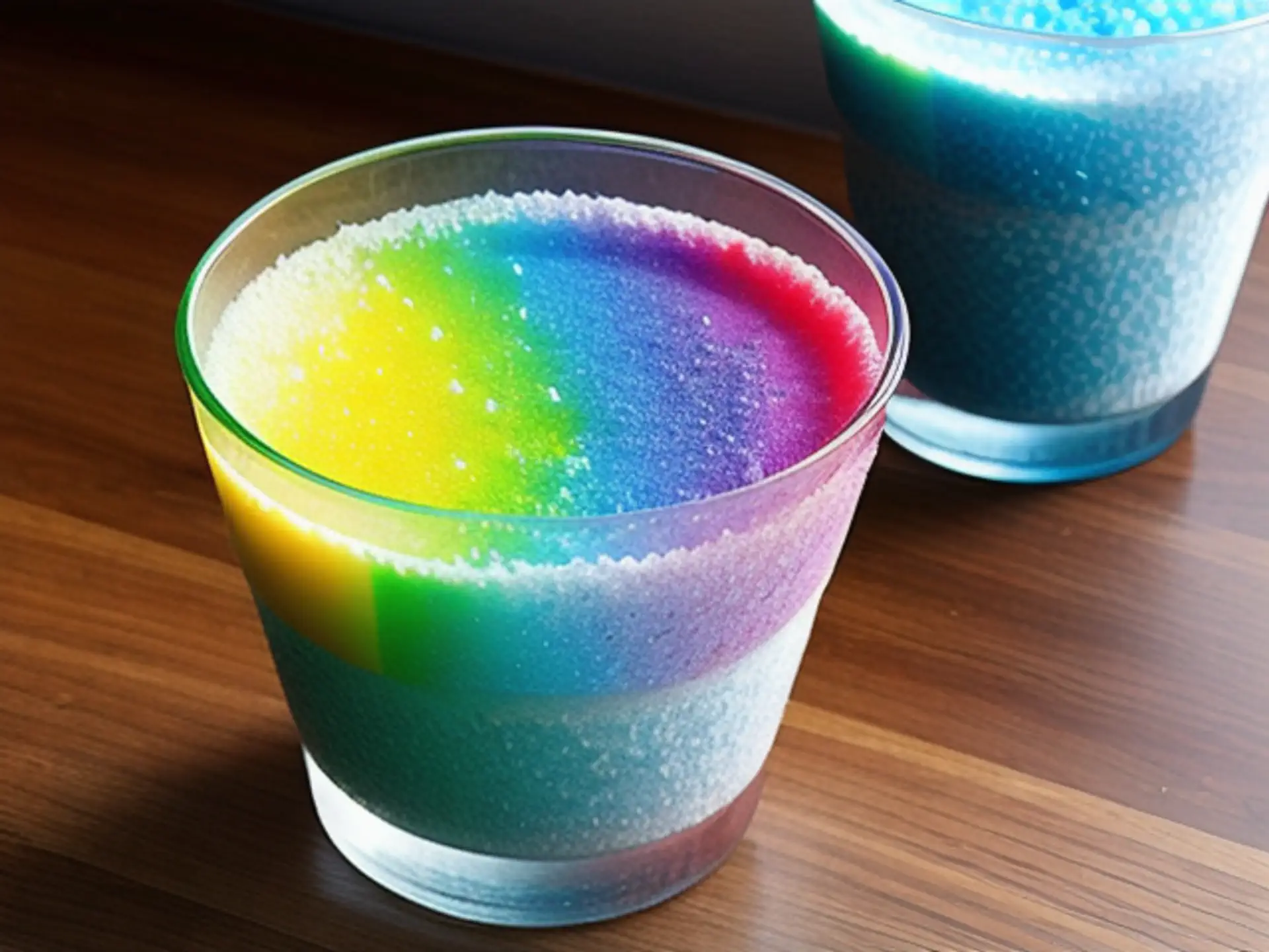 Kleurrijke regenboog cocktail met gesuikerde rand in luxe glazen
