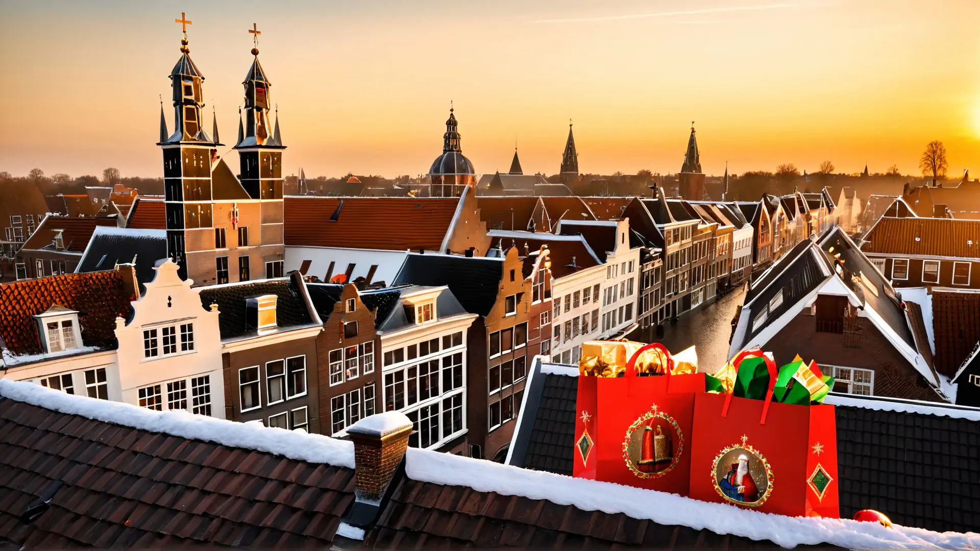 Winterse kerstsfeer in historisch Delft met besneeuwde daken en