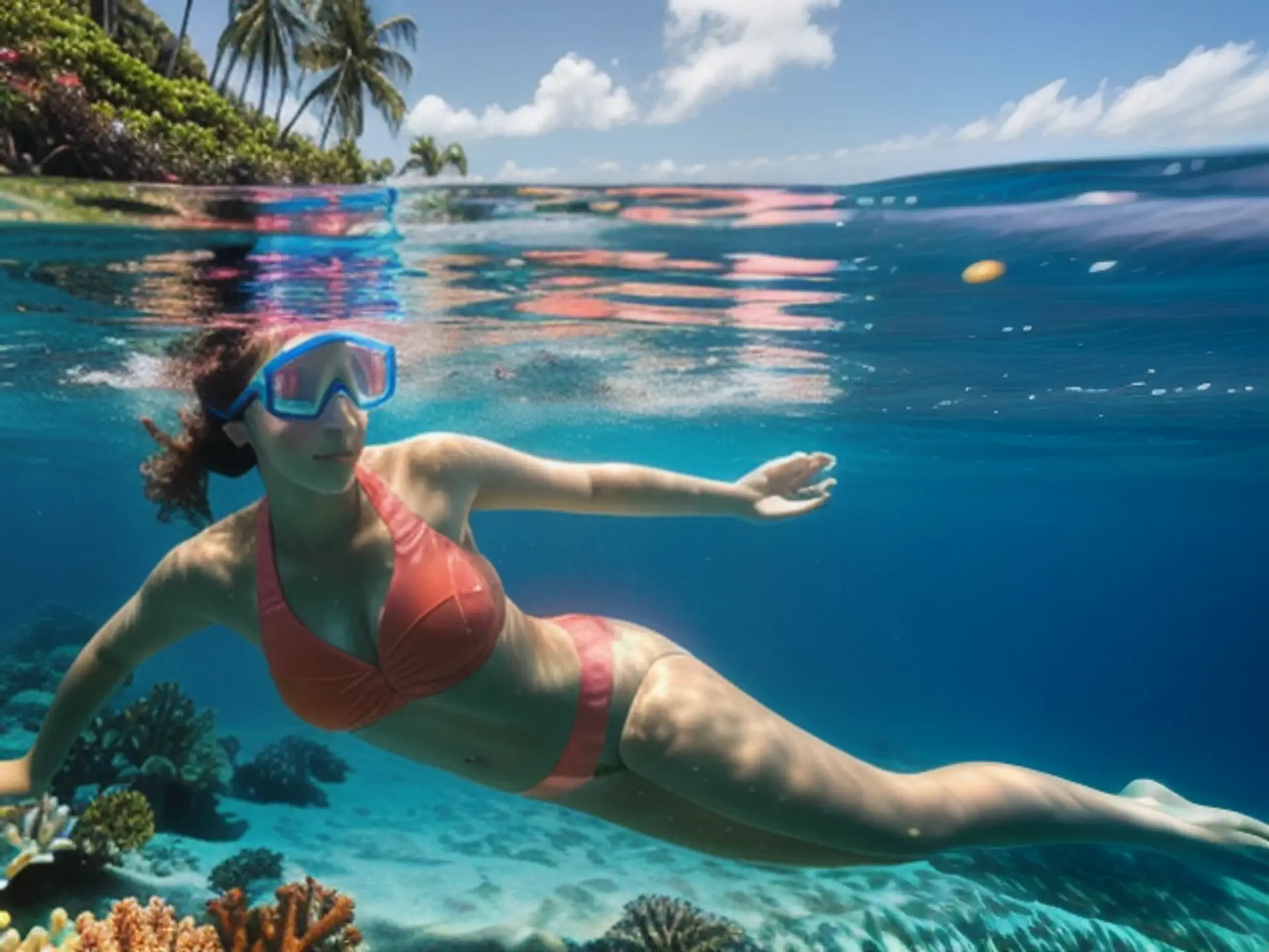 Tropisch onderwaterfotografie bij koraalrif met palmbomen op