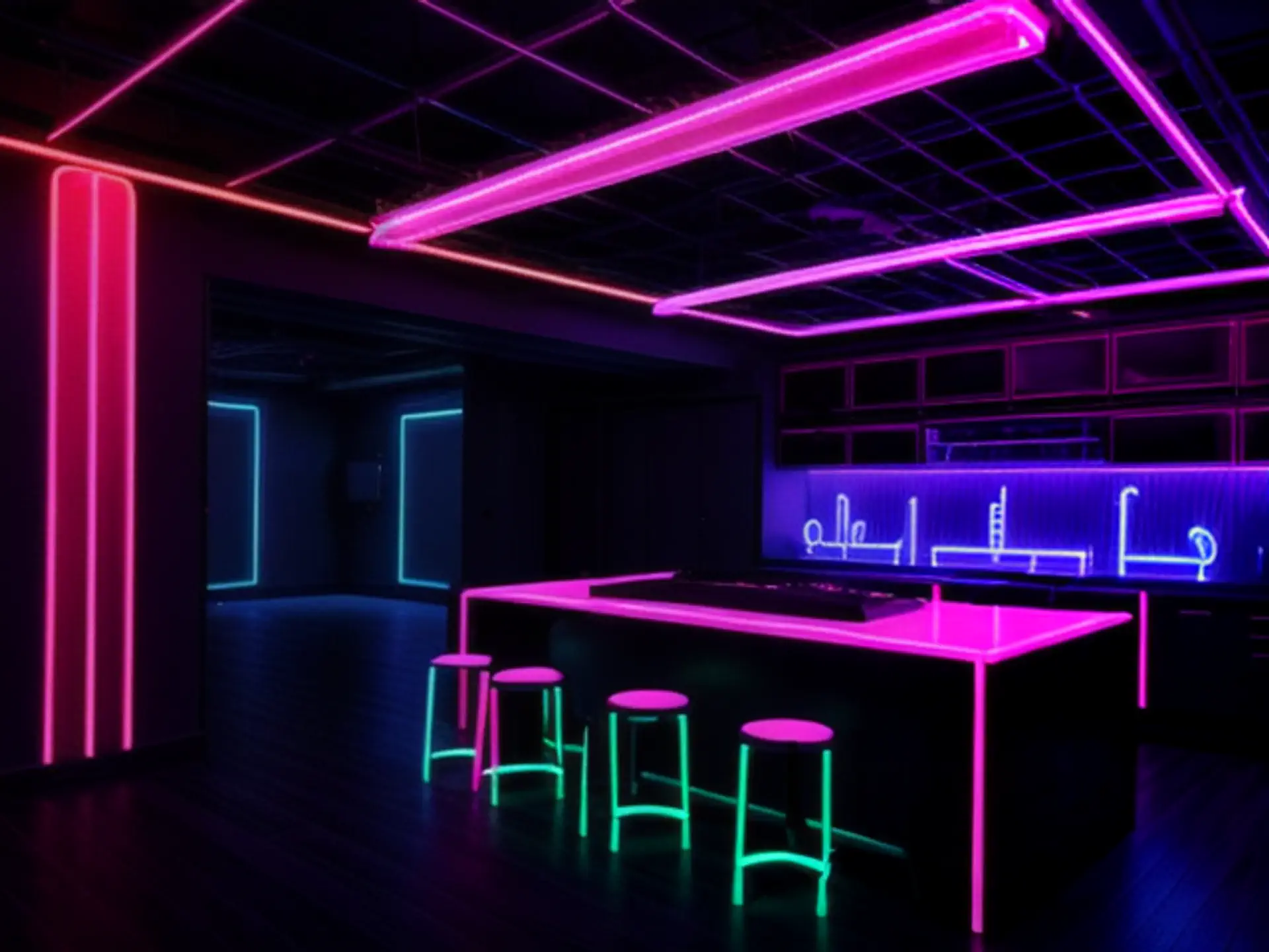 Futuristische bar met neonverlichting in cyberpunk stijl interieur