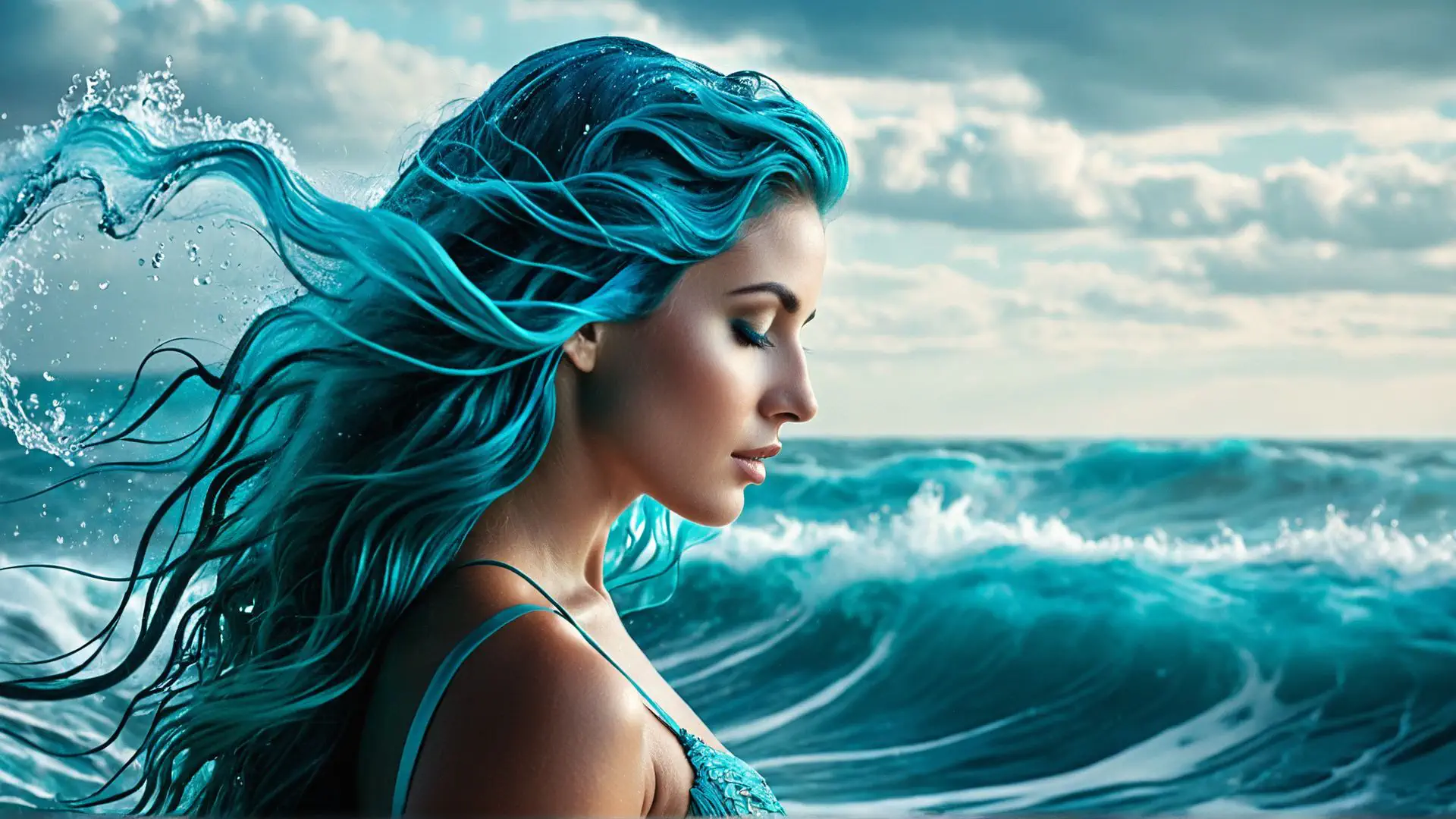 Mysterieuze zeemeermin met turquoise haar bij woeste oceaangolven