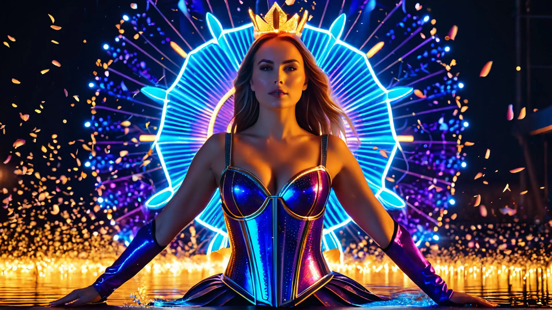 Futuristische neonkoningin met gouden kroon in magische setting