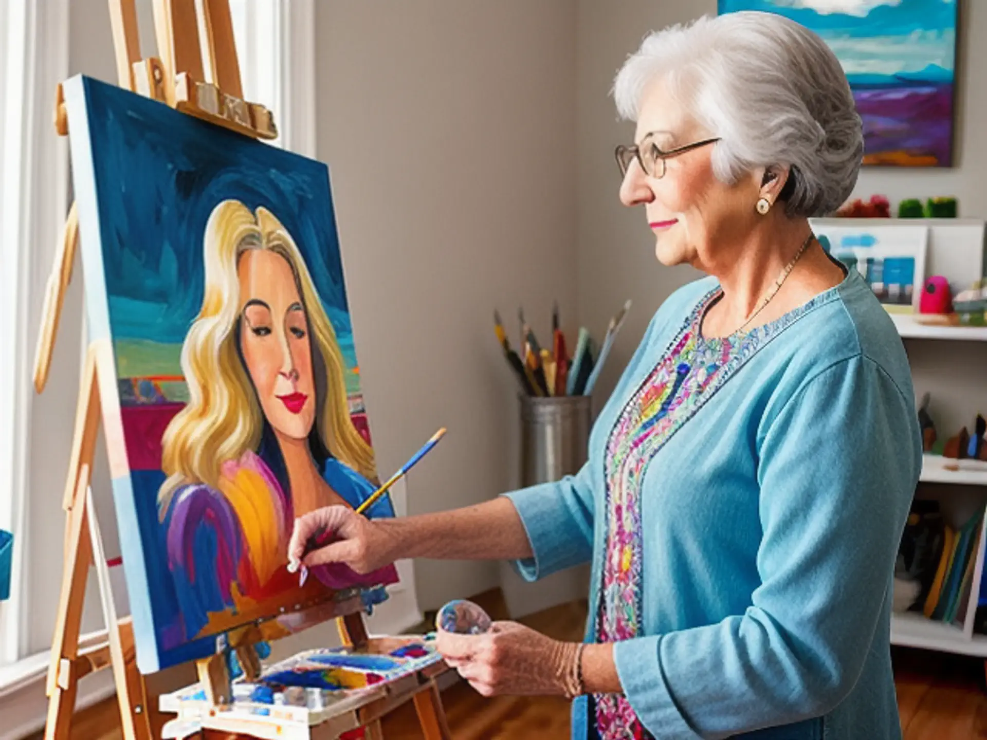Creatieve schildersessie in gezellig thuisatelier met kleurrijk