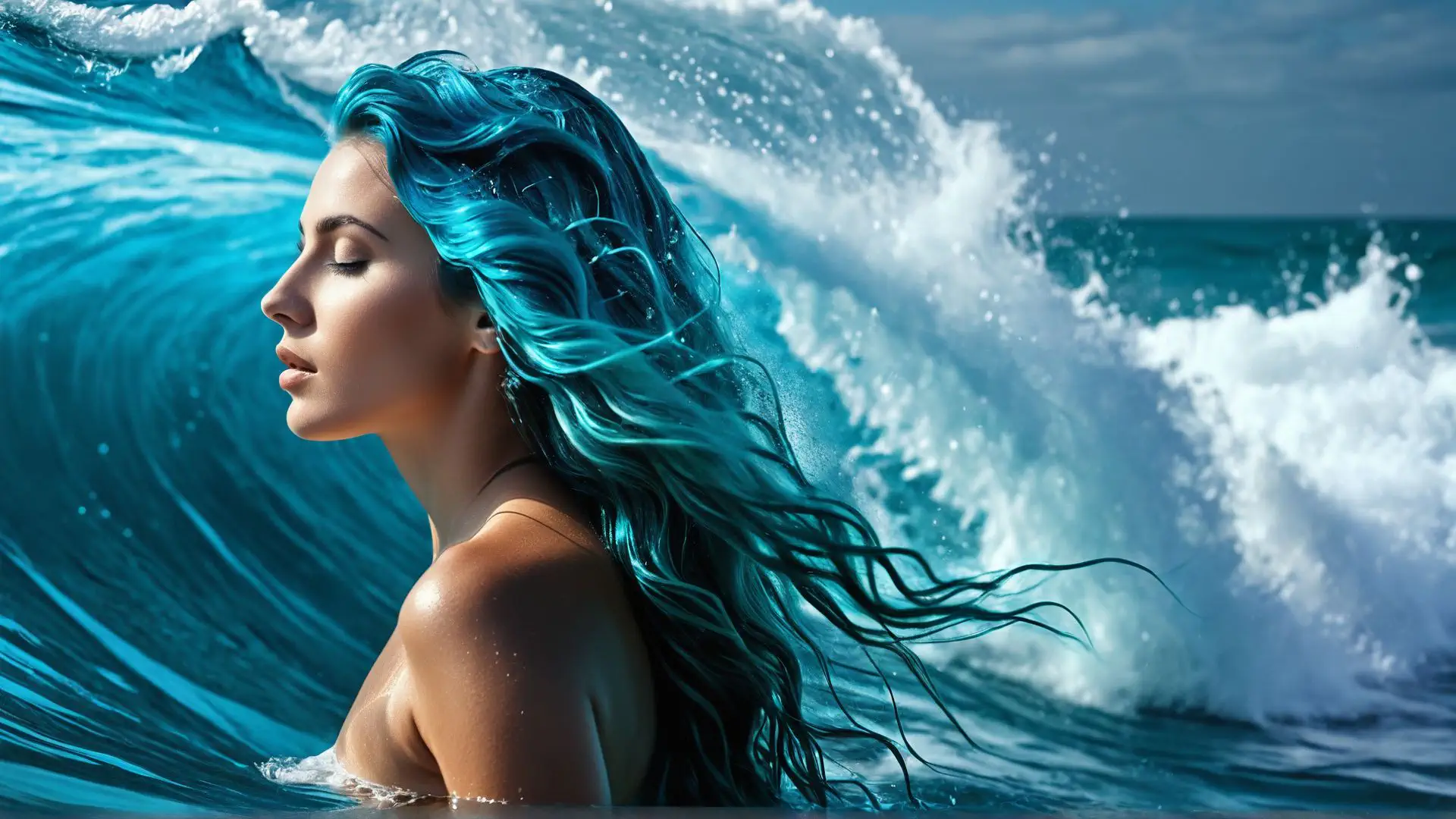 Turquoise oceaangolven met mysterieuze zeemeermin fantasie portret
