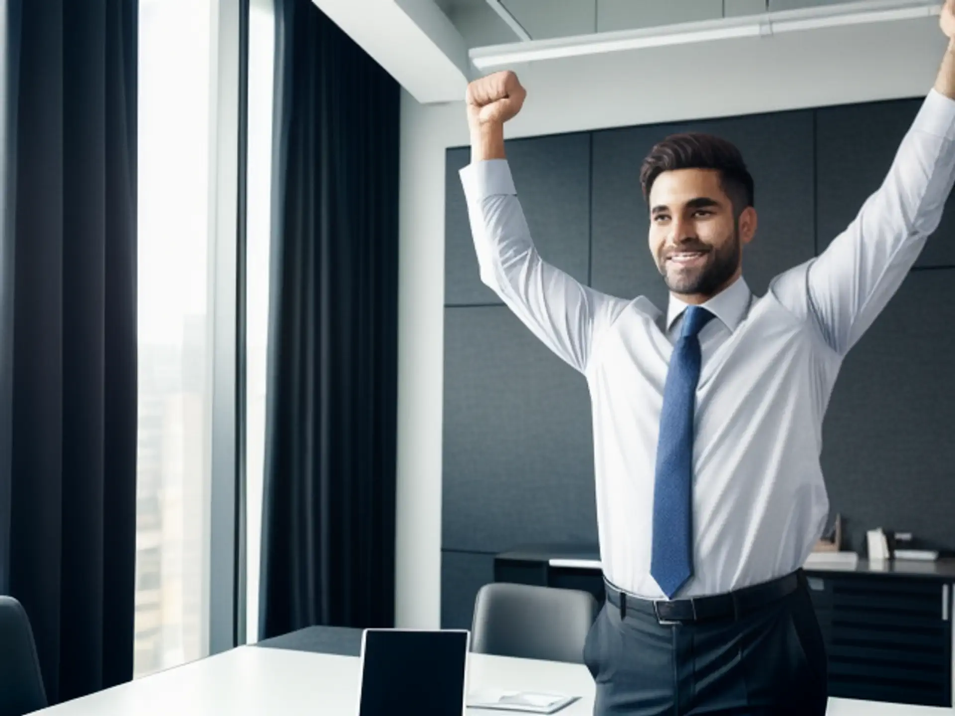 Succesvolle zakenman viert overwinning op modern kantoor met laptop