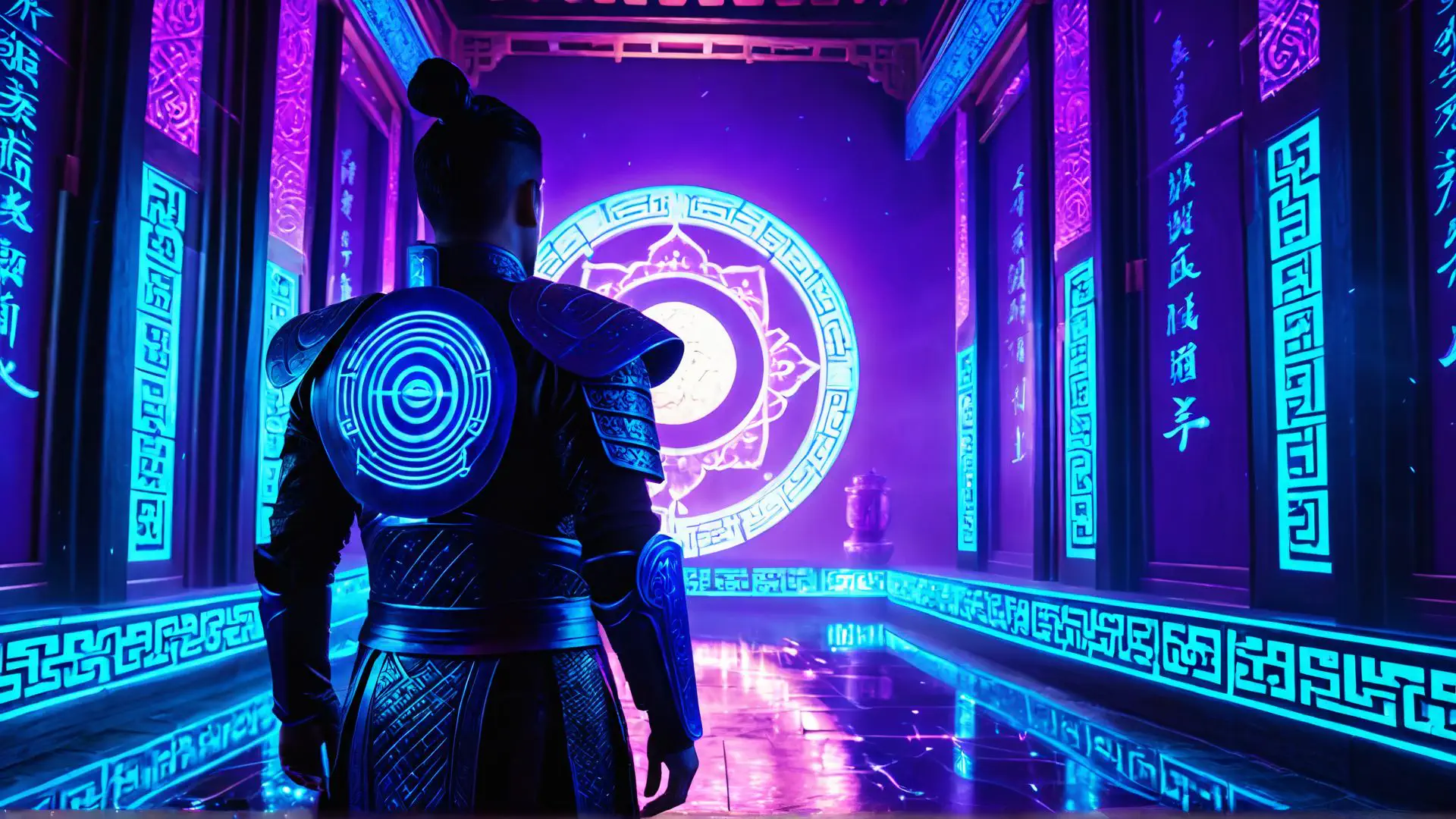 Mystieke Aziatische tempel met neon verlichting en cyberpunk elementen