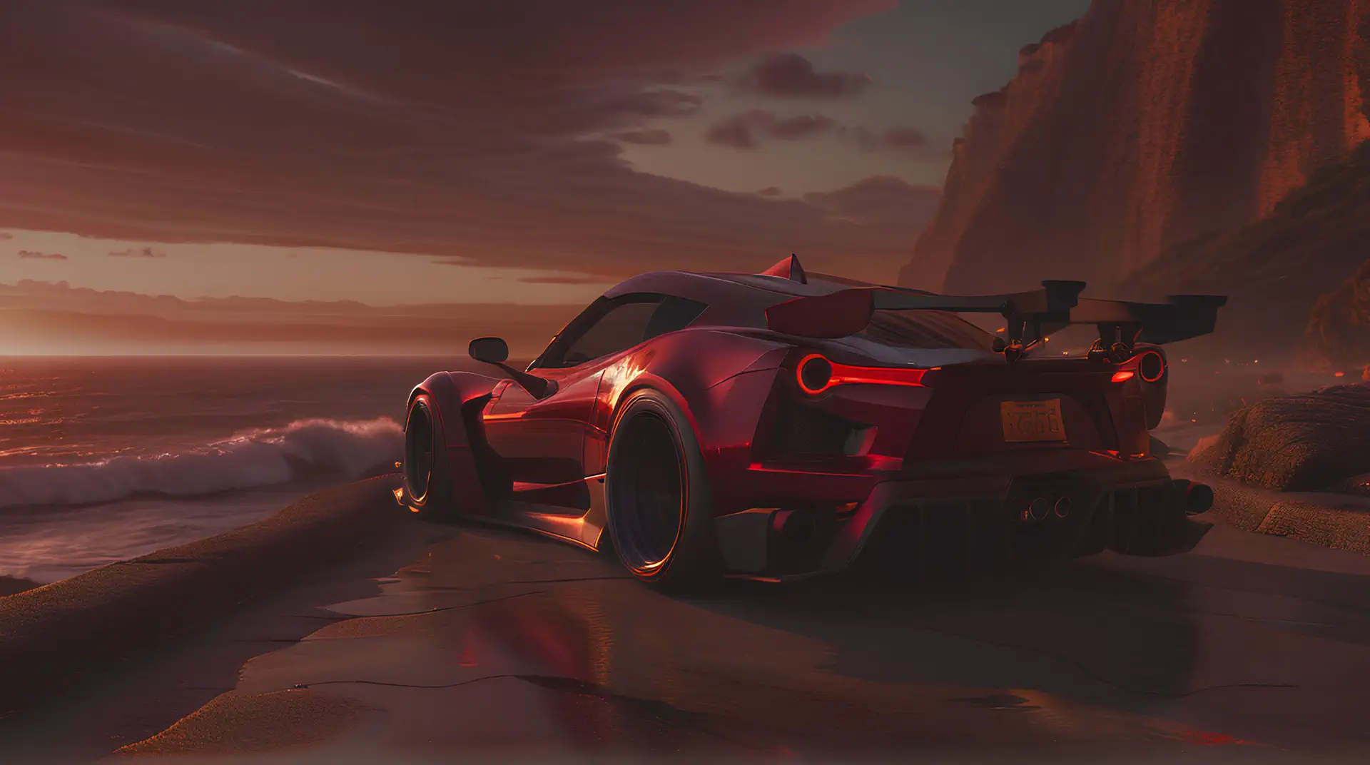 Rode Racewagen op Kustweg bij Vurige Oceaanzonsondergang 4K Wallpaper