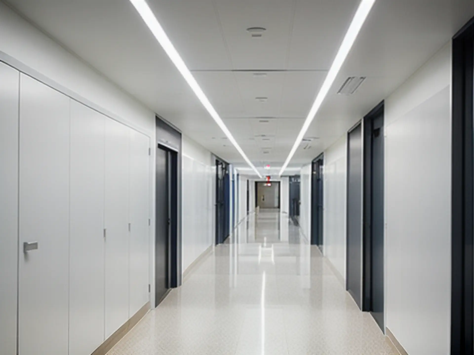 Moderne kantoorgang met strakke LED-verlichting en glanzende vloer
