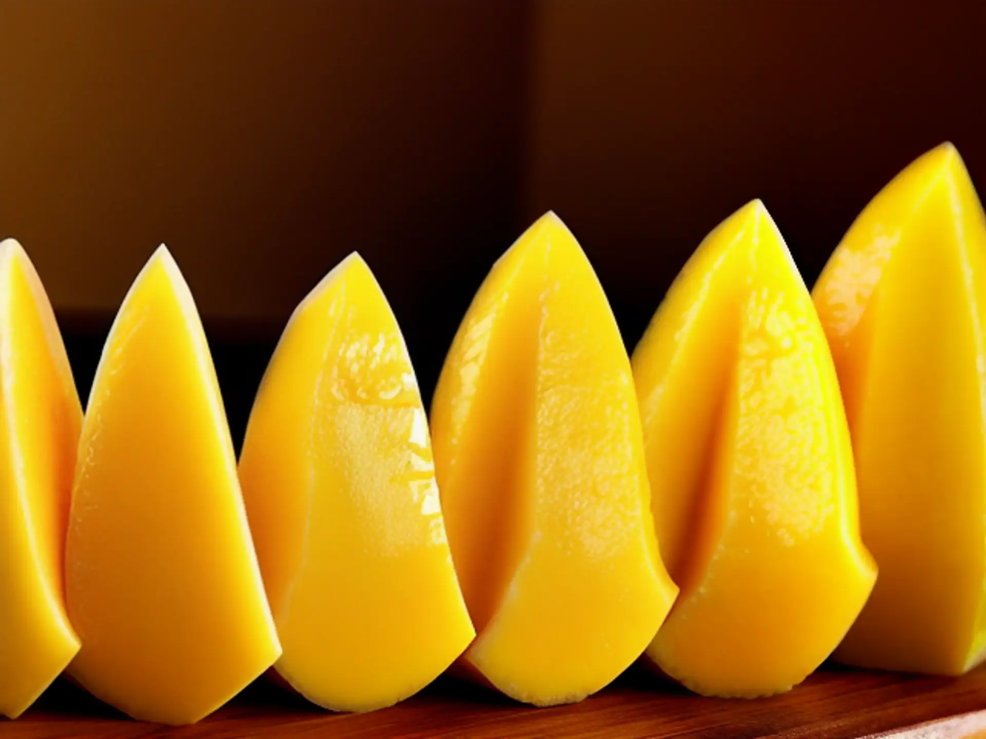 Verse mangoparten in perfecte plakken op houten snijplank close-up