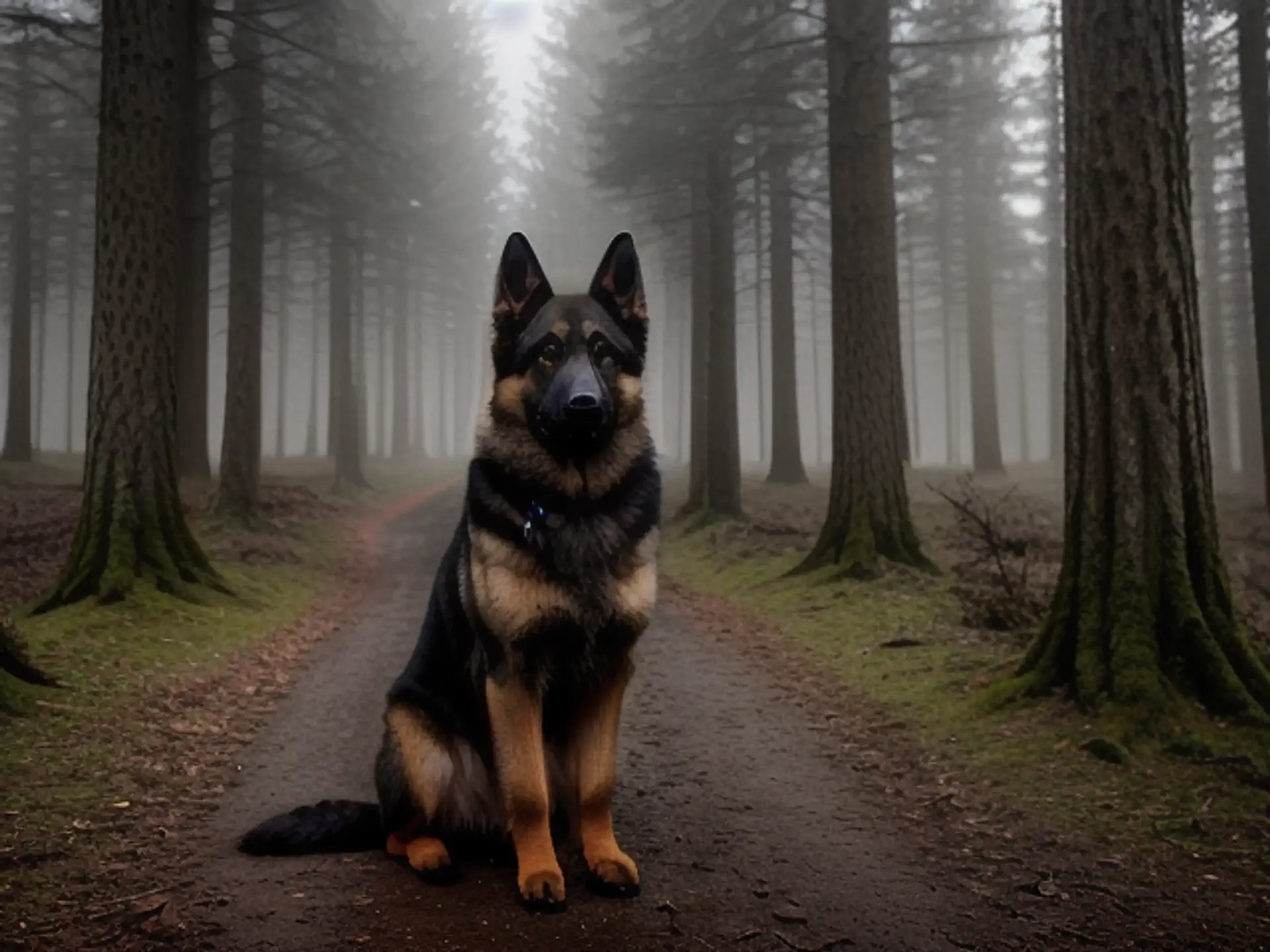 Majestueuze Duitse herder in mistig dennenbos tijdens wandeling