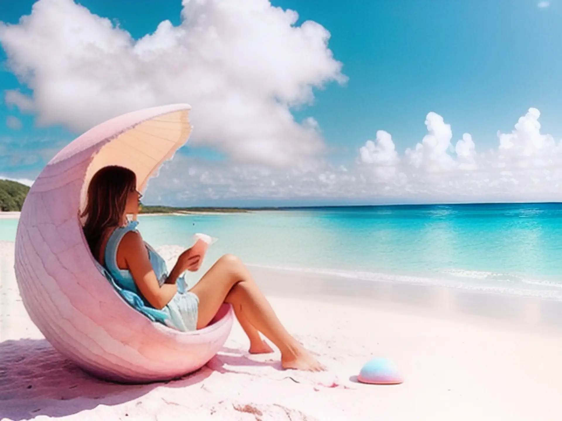 Ontspannen op tropisch strand in roze maanvormige strandstoel