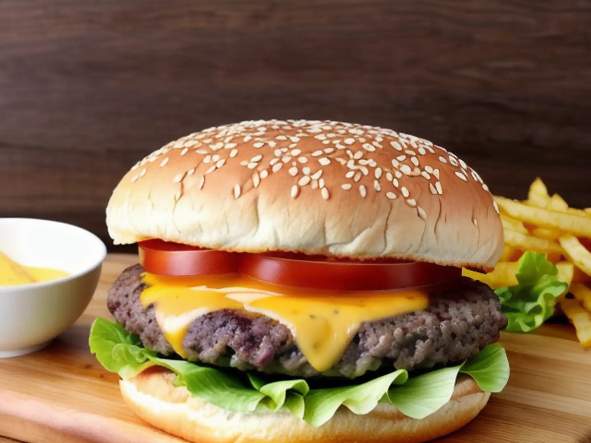 Sappige cheeseburger met friet en saus op houten serveerplank