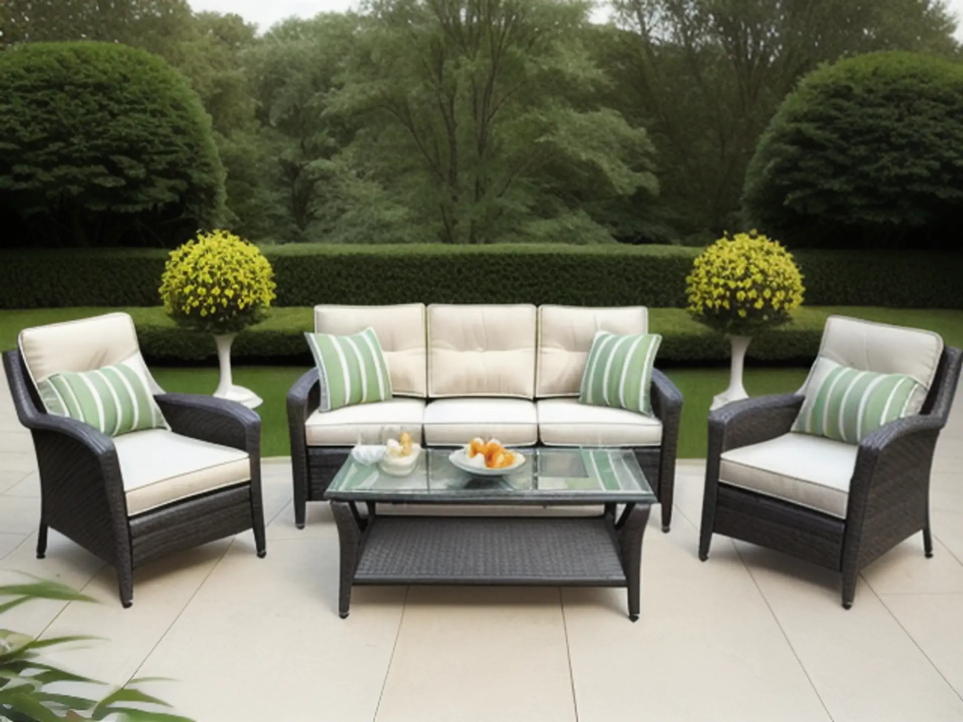 Luxe loungeset tuin met mintgroene kussens en strakke haagbeplanting