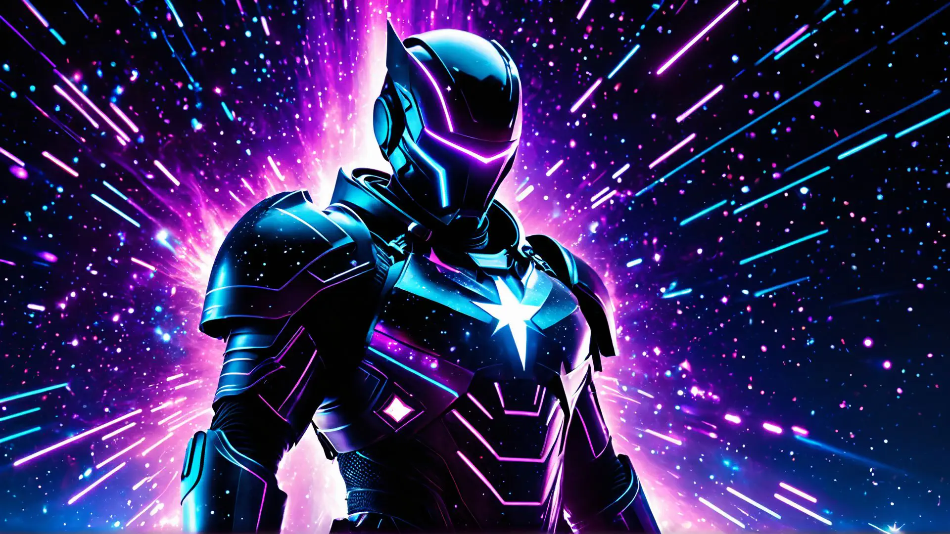 Futuristische robot in neon universum met paarse sterrenregen
