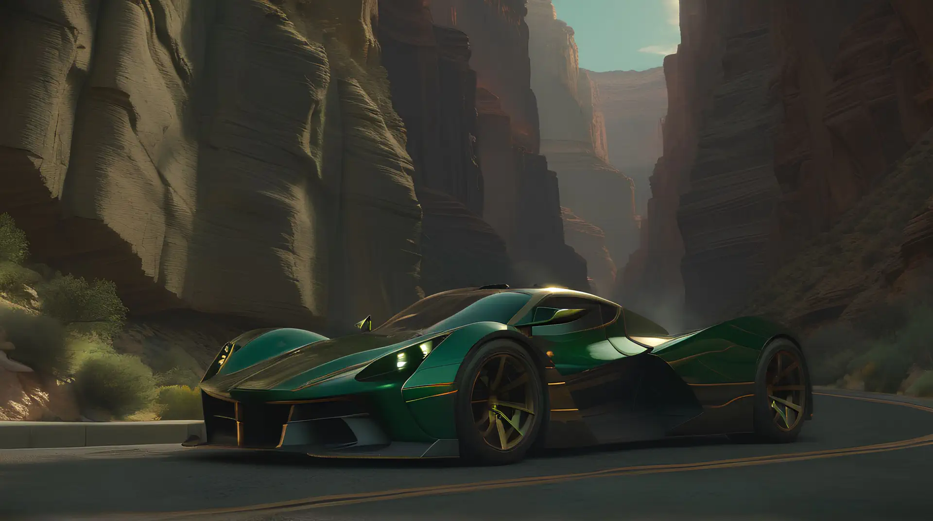 Groene Hypercar met Gouden Accenten in Diepe Canyon 4K Wallpaper