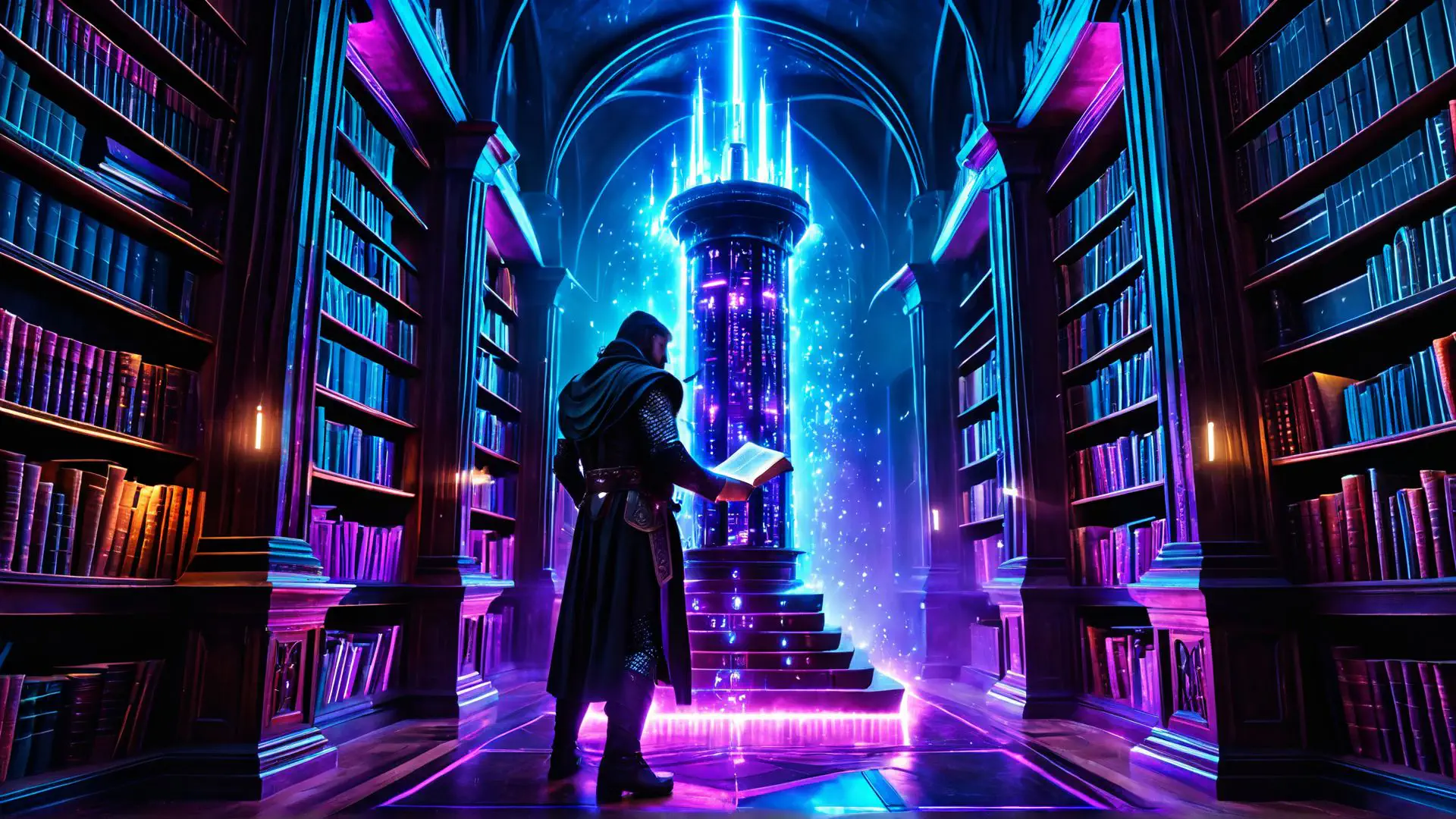 Mystieke bibliotheek met magische energie in neon paars en blauw