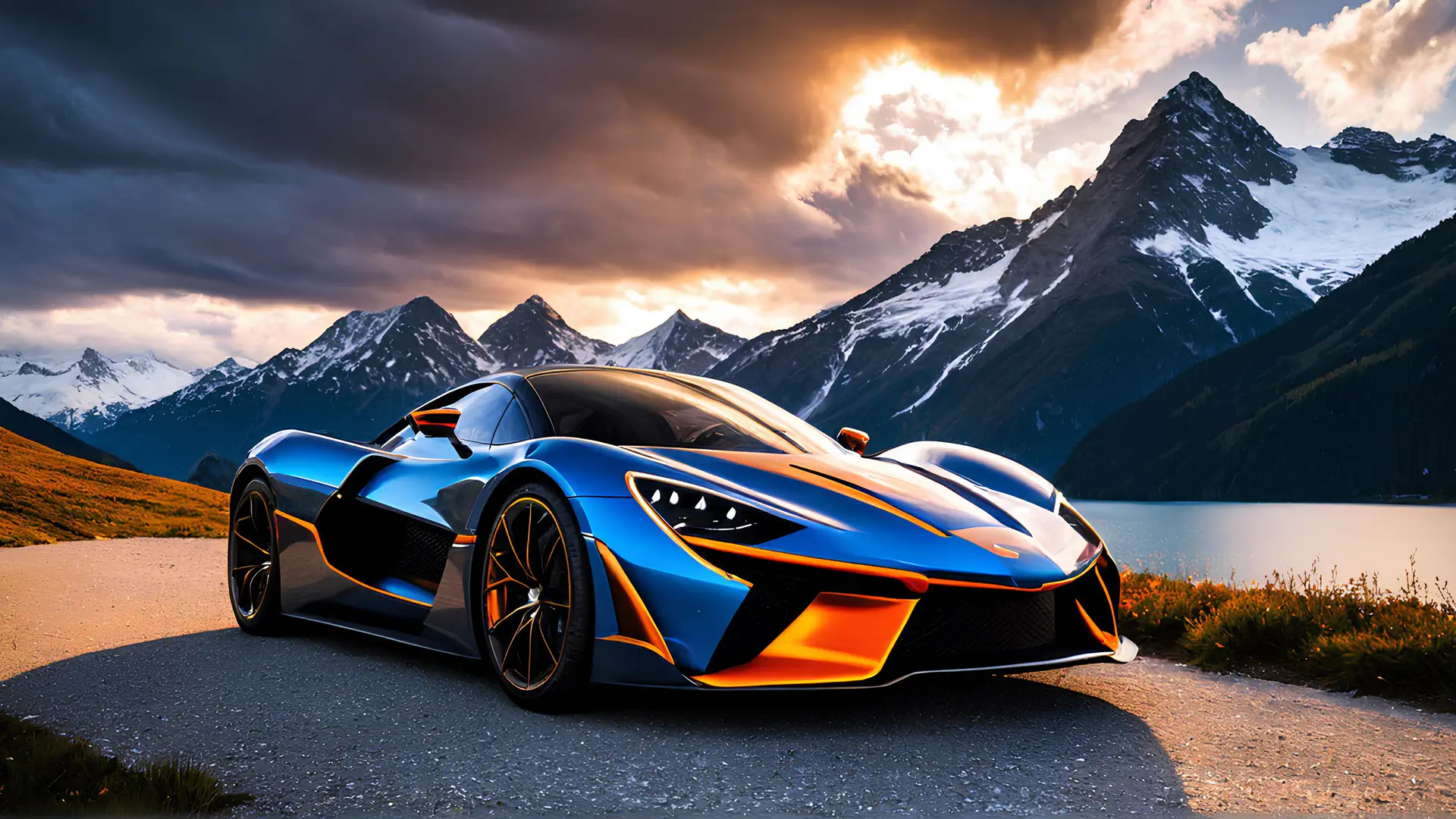 Blauwe Hypercar met Oranje Details bij Bergmeer Wallpaper 4K