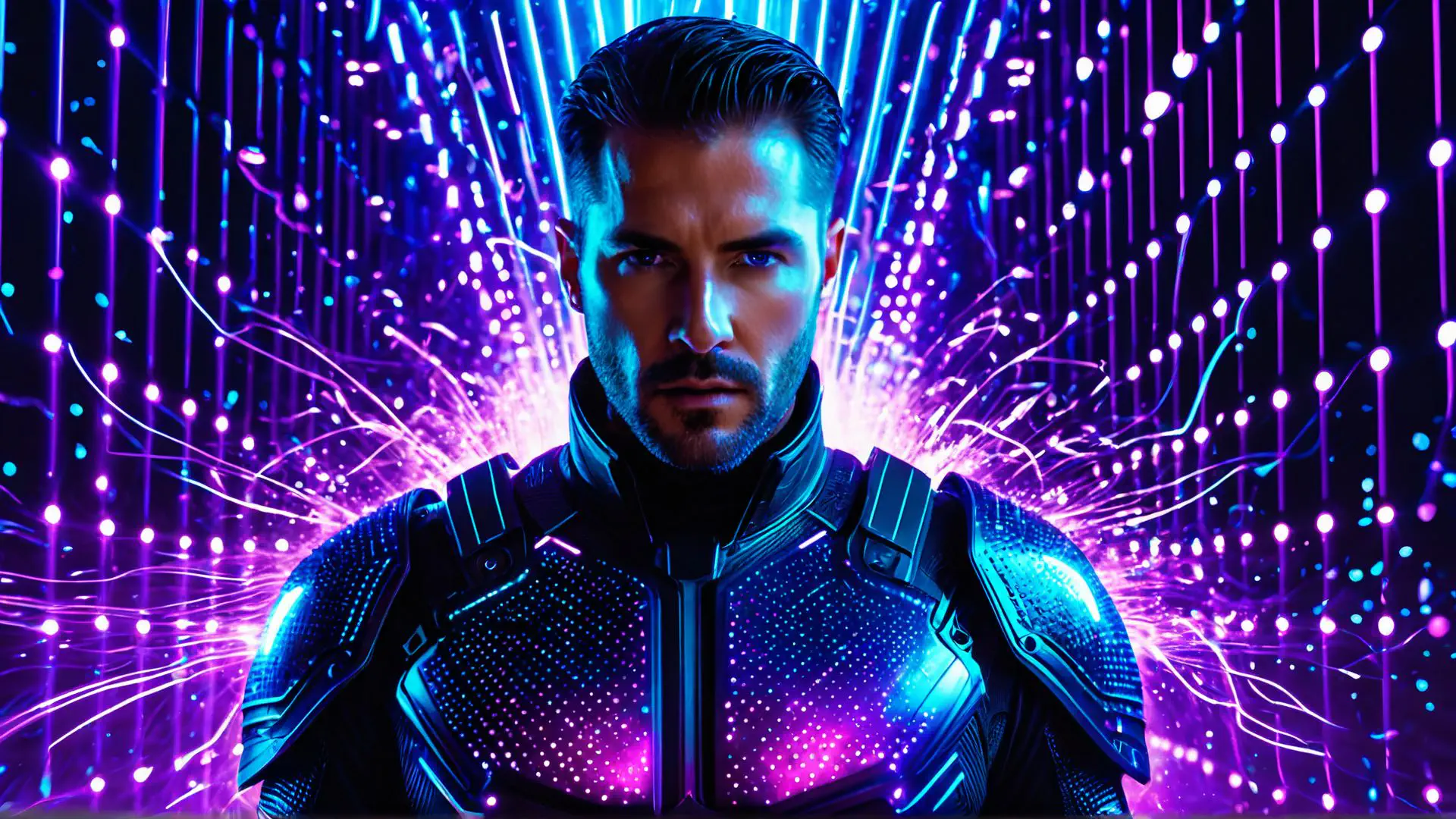 Futuristisch portret met neon lichteffecten en cyberpunk kostuum