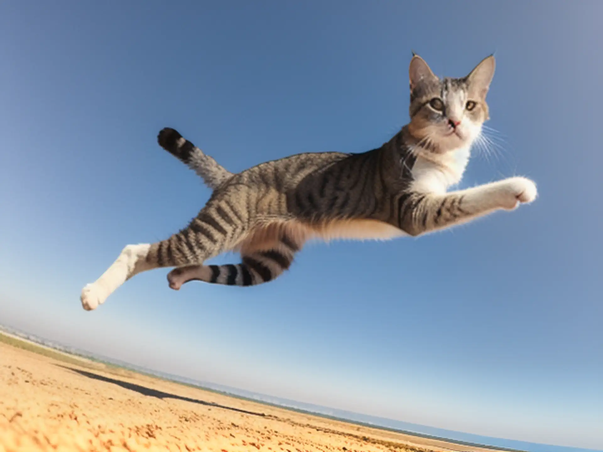 Springende kat in actie: gestreepte huiskat maakt spectaculaire sprong