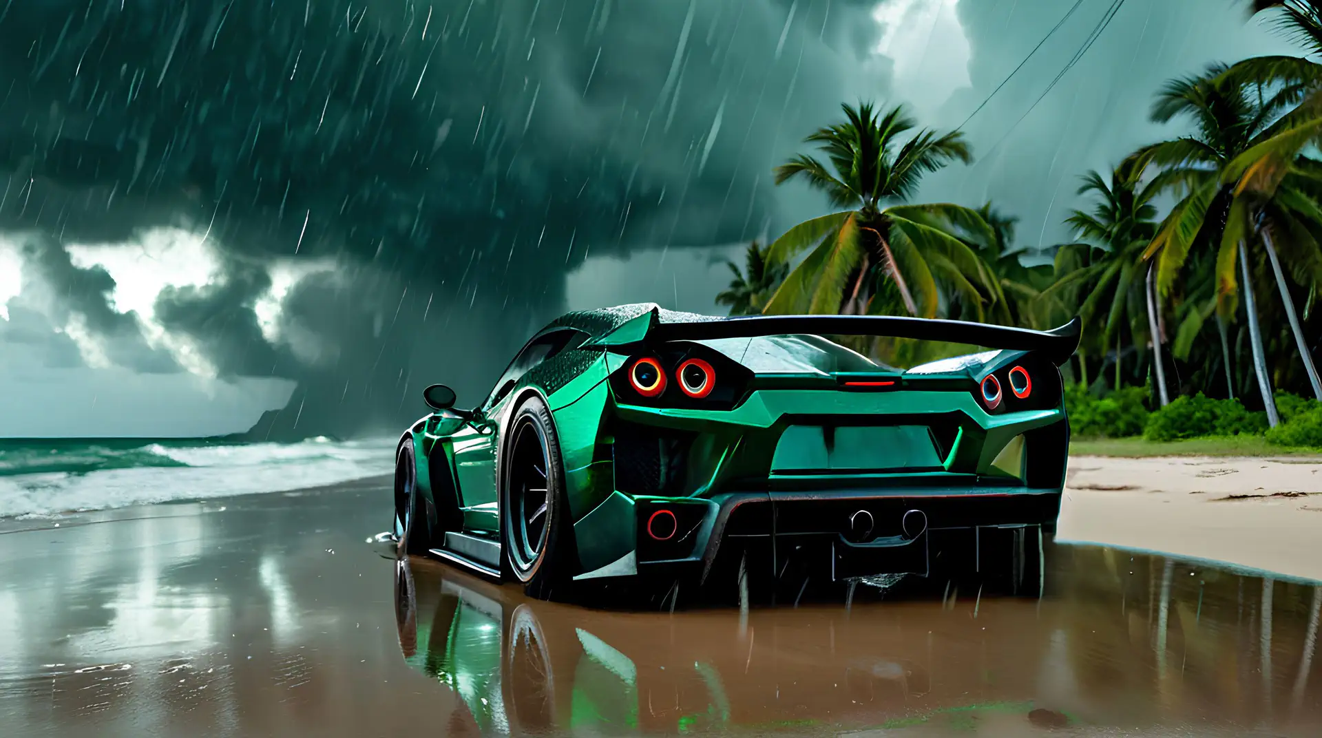 Metallic Groene Supercar op Tropisch Strand tijdens Stormachtige Regenbui