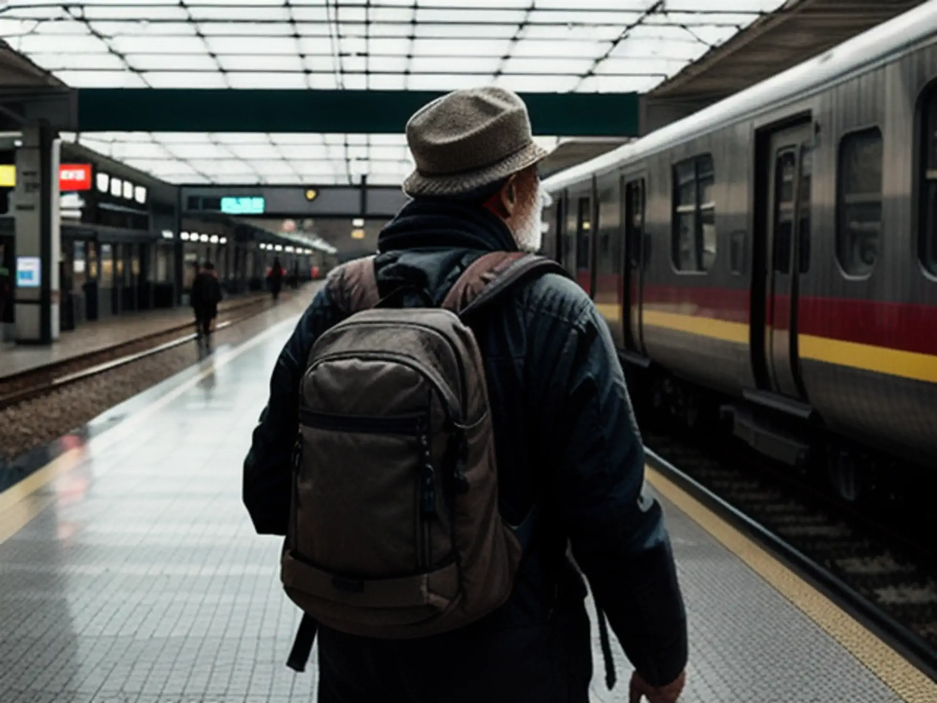 Reiziger met rugzak wacht op verlaten perron bij intercity trein