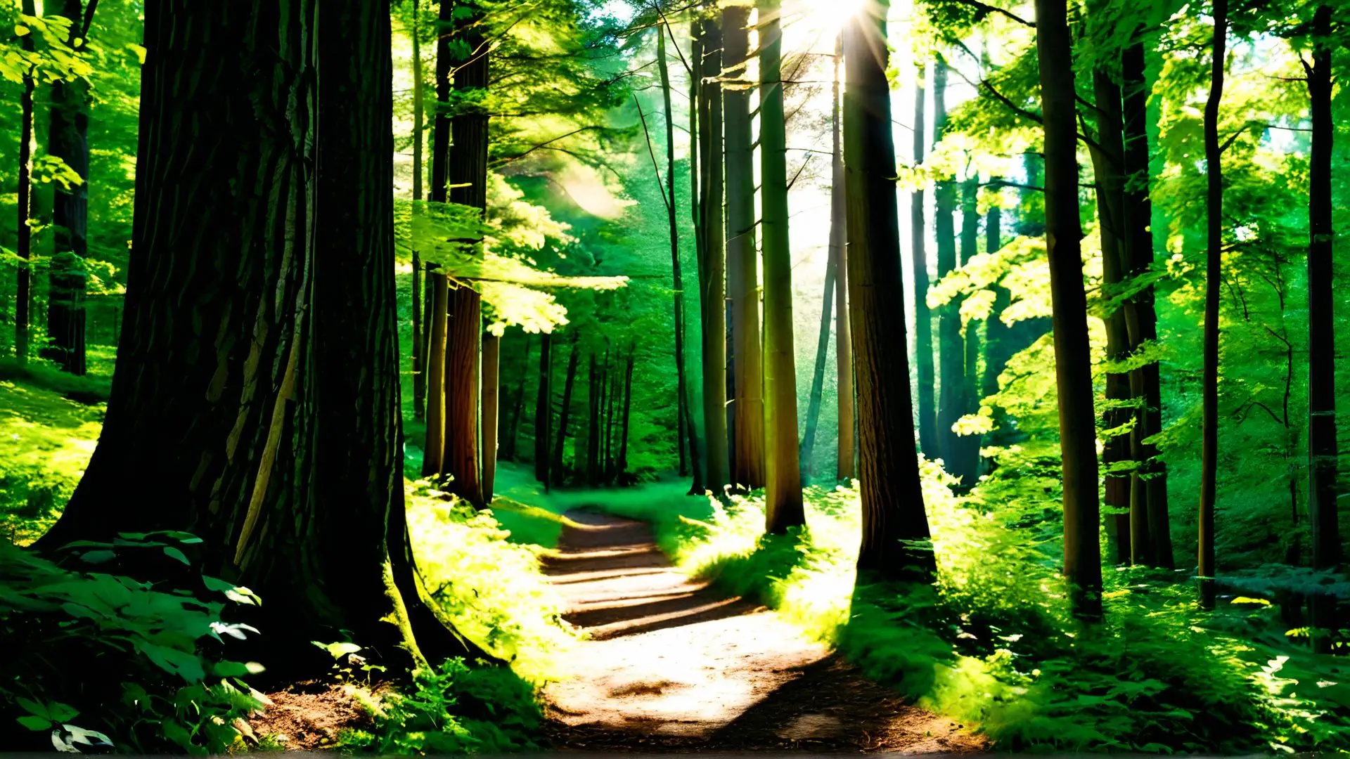 Magisch bospad met zonnestralen door eeuwenoude bomen in de ochtend